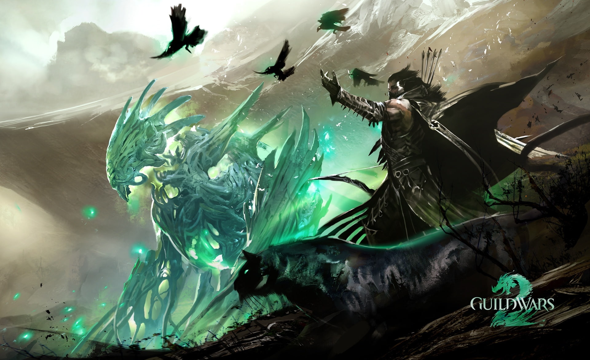 sculpture, sky, guild wars 2 ranger, human representation, 1080P, dragons, wars, group of animals, art and craft, guild wars 2, Ranger, animal wildlife, HD Wallpaper