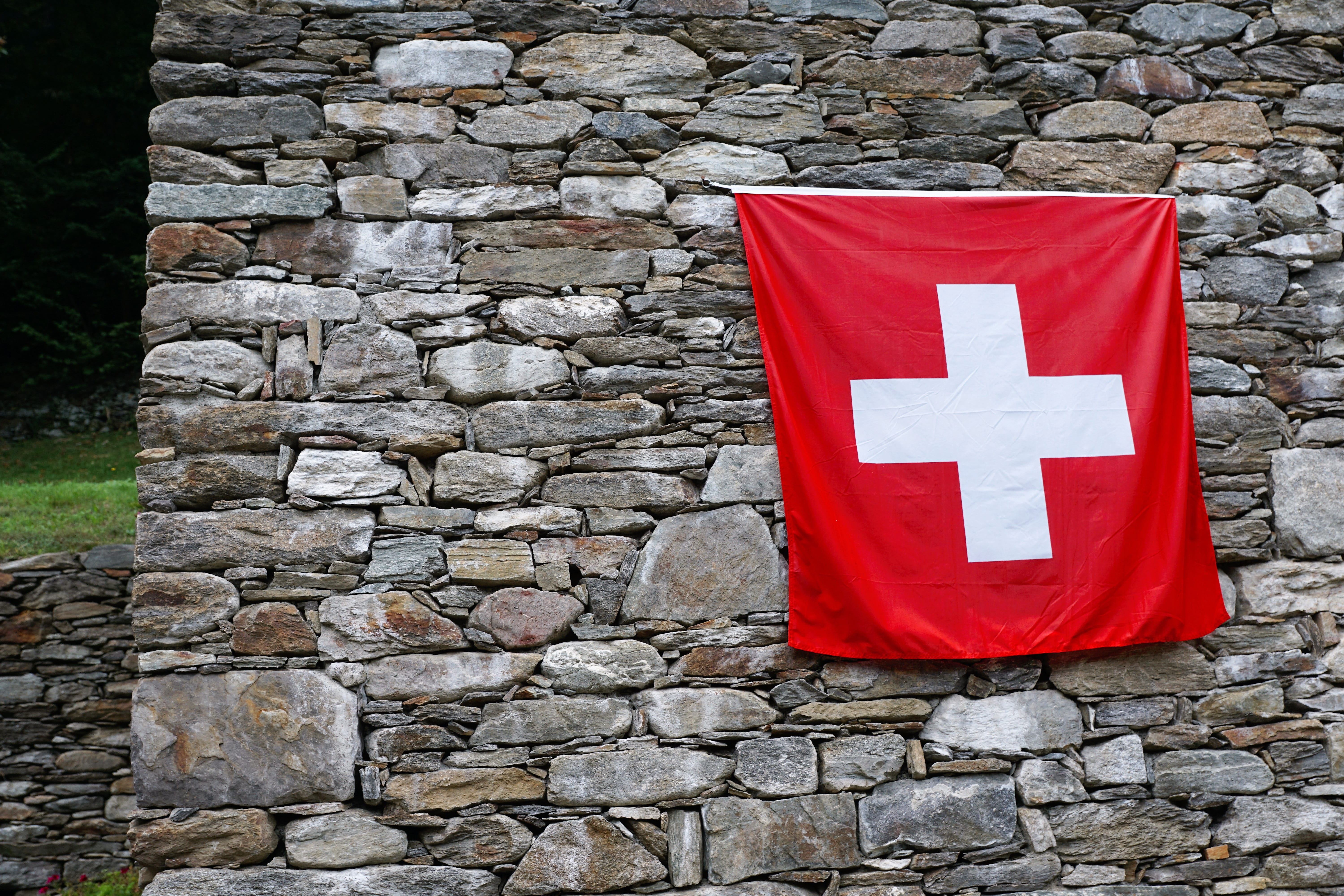 outdoors, wall - building feature, white, swiss flag, switzerland, alpine, stone material, red, landscape, stone - object, built structure, travel, banner, HD Wallpaper