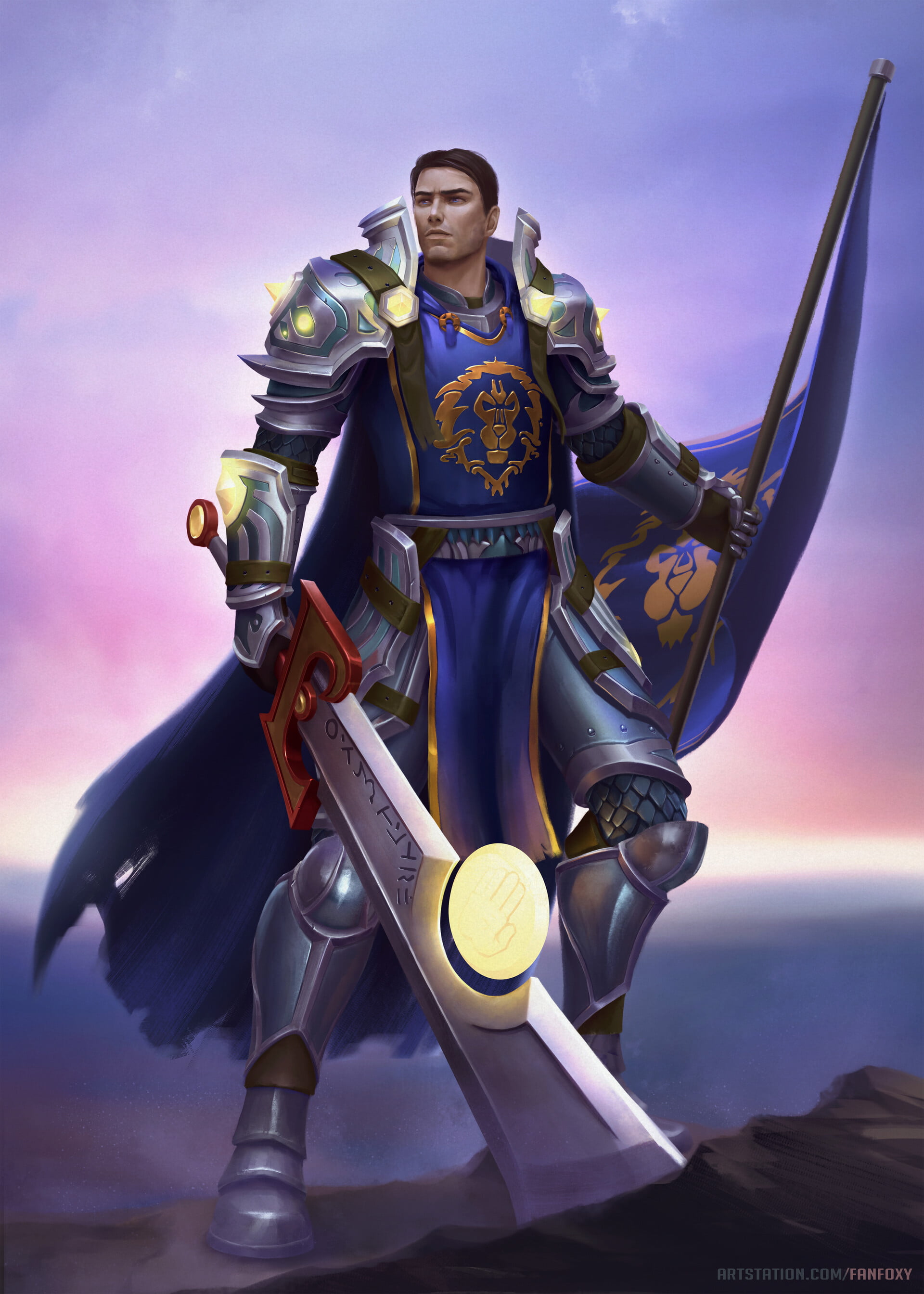 2K, men, Alliance, looking away, drawing, weapon, sword, Warcraft, flag, Paladin, Ashbringer, armor, Fanfoxy, Phone HD Wallpaper