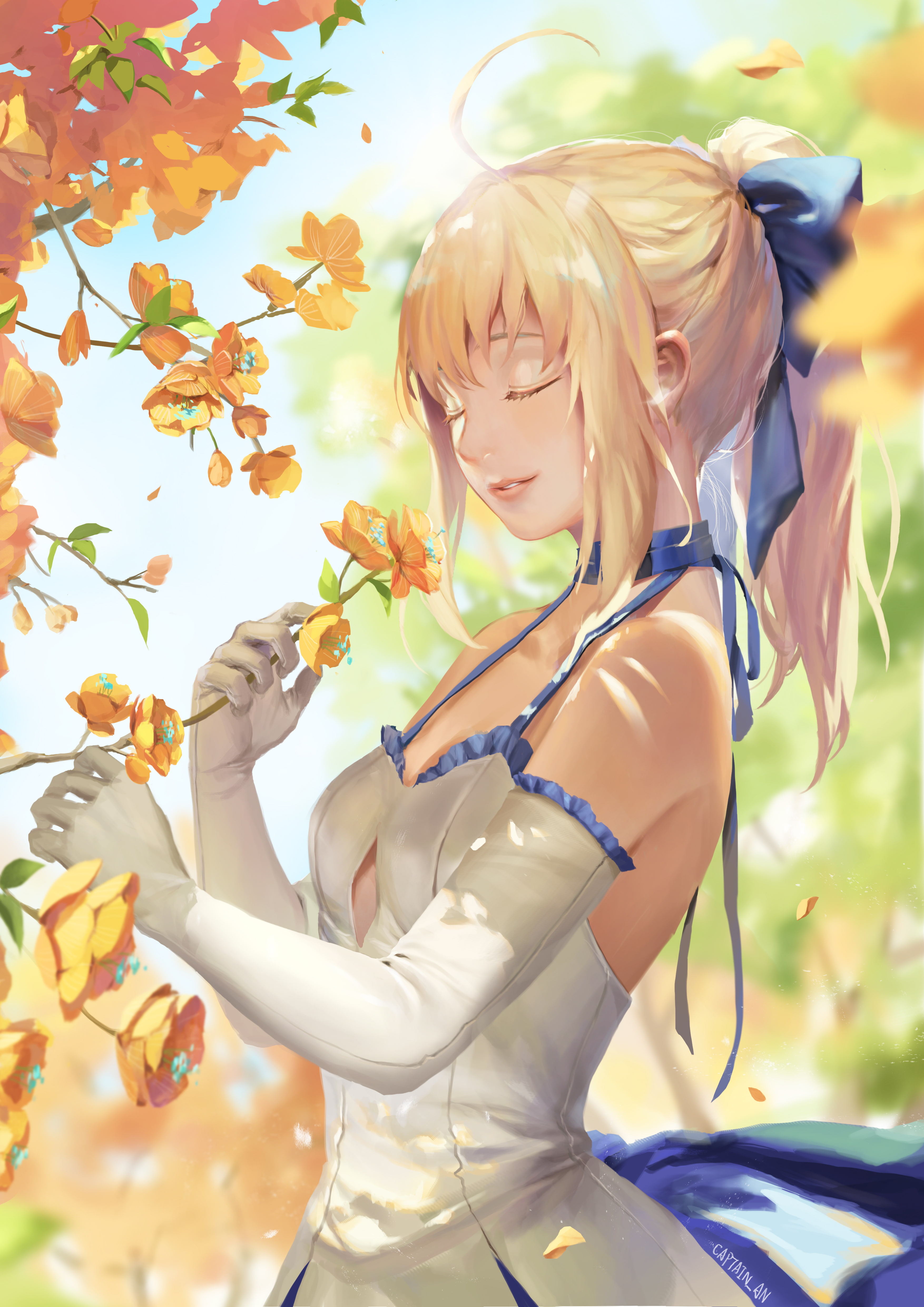 young adult, leaf, adult, fashion, one person, Fate/Grand Order, clothing, plant part, cleavage, beautiful woman, blond hair, Saber Lily, outdoors, 4K, Phone HD Wallpaper