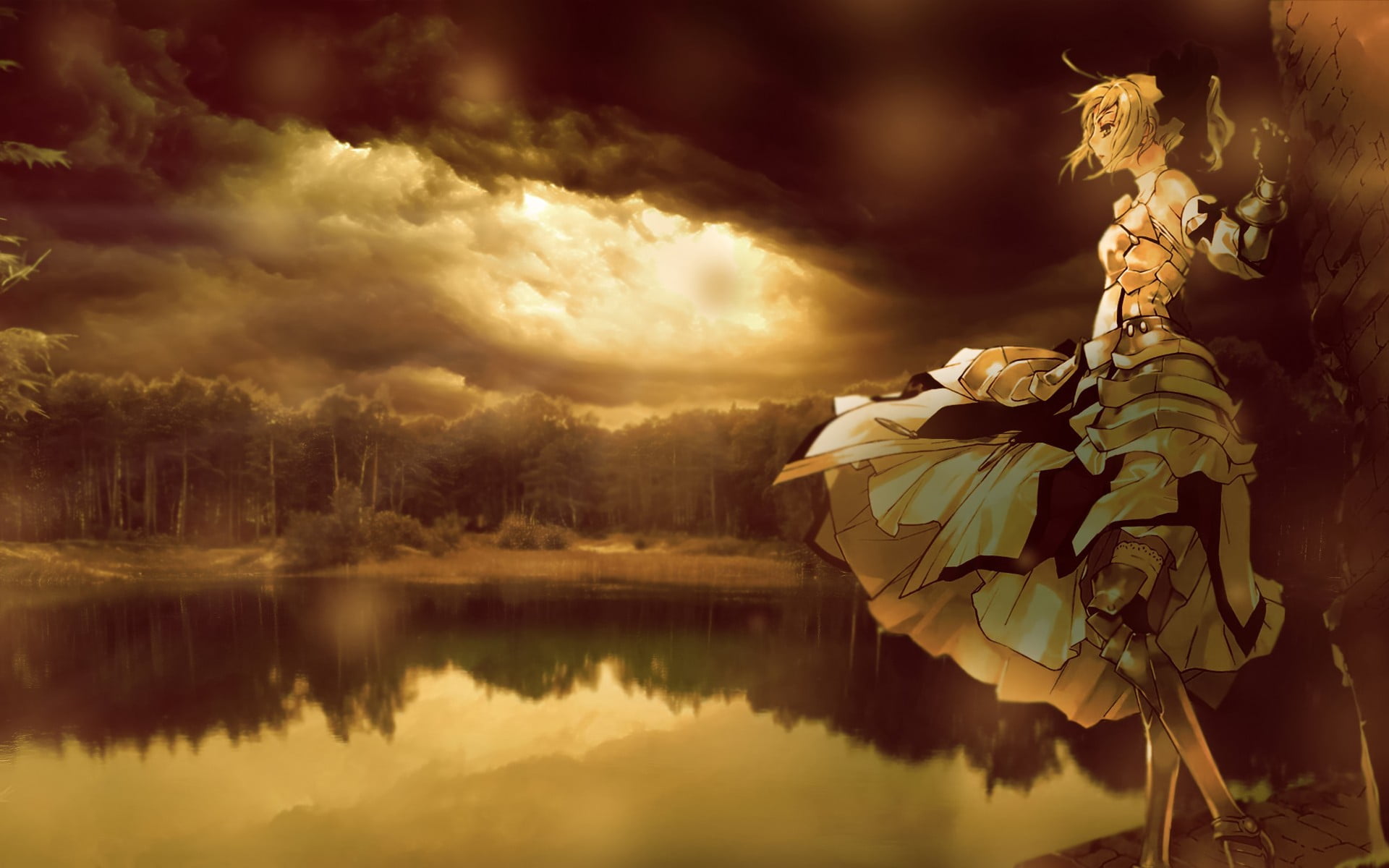 tranquil scene, armor, woman, clouds, water, sky, blonde, 1080P, art and craft, beauty in nature, scenics - nature, sunset, reflection, character, anime, HD Wallpaper