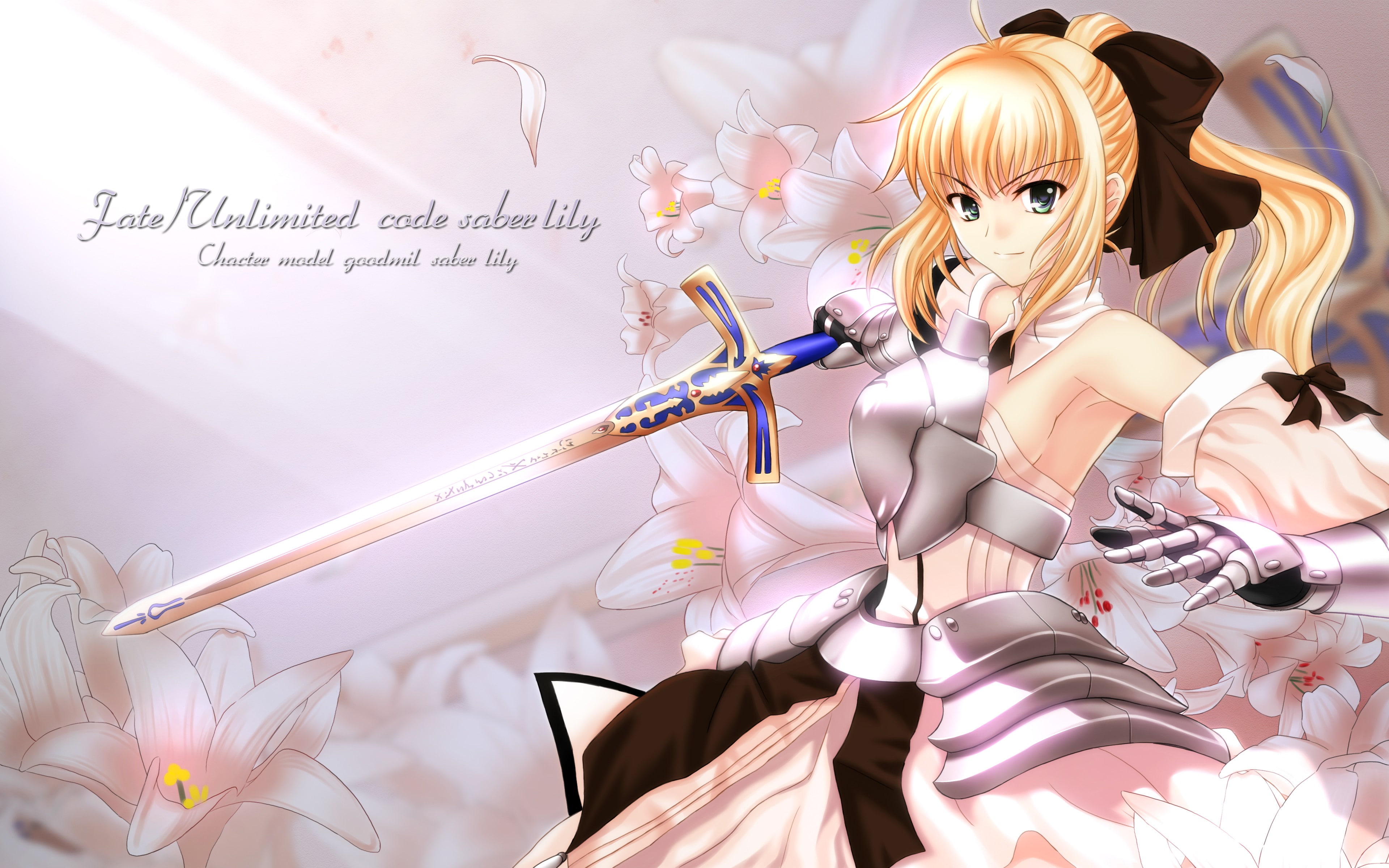 weapon, nature, bizarre, Saber, fashion, long hair, blonde, anime, Saber Lily, representation, green eyes, armor, dress, surreal, flowers, text, no people, HD Wallpaper
