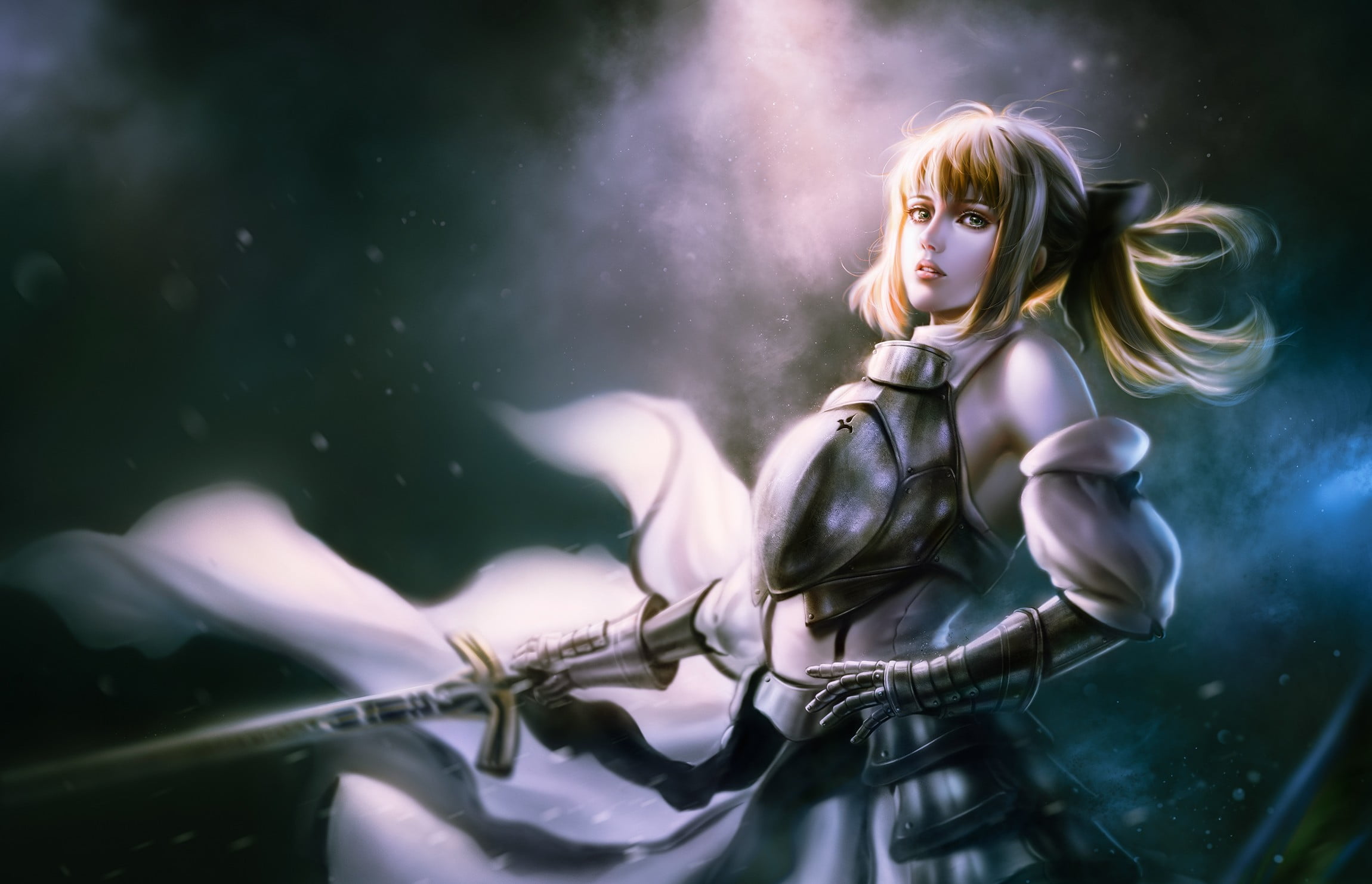 fashion, lifestyles, portrait, beautiful woman, blond hair, Fate Series, young adult, 1080P, contemplation, beauty, sword, nature, Saber, females, Saber Lily, HD Wallpaper