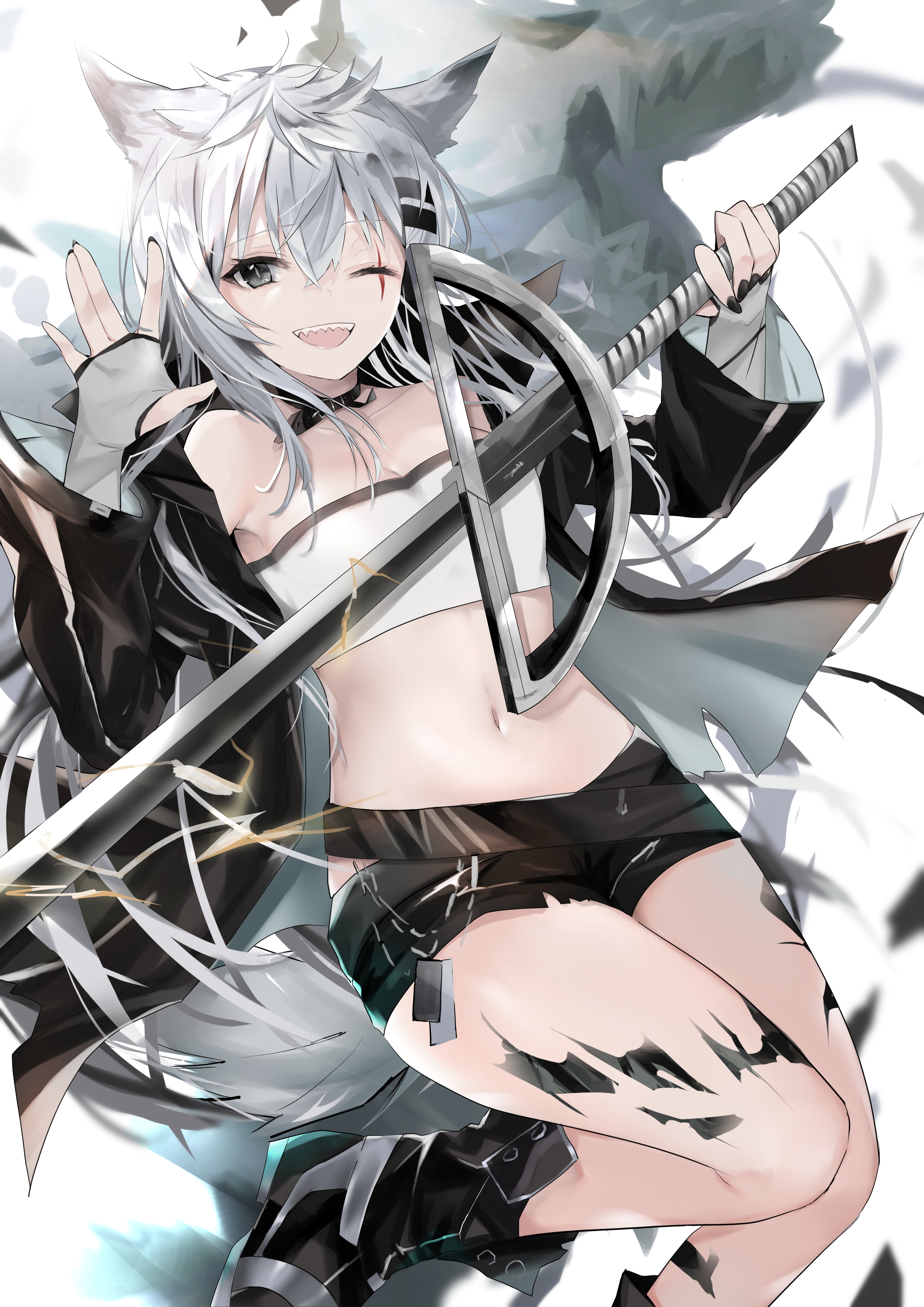 Patatawdwdt, 4K, anime, vertical, crop top, open mouth, one eye closed, anime girls, animal ears, Lappland (Arknights), Arknights, Phone HD Wallpaper