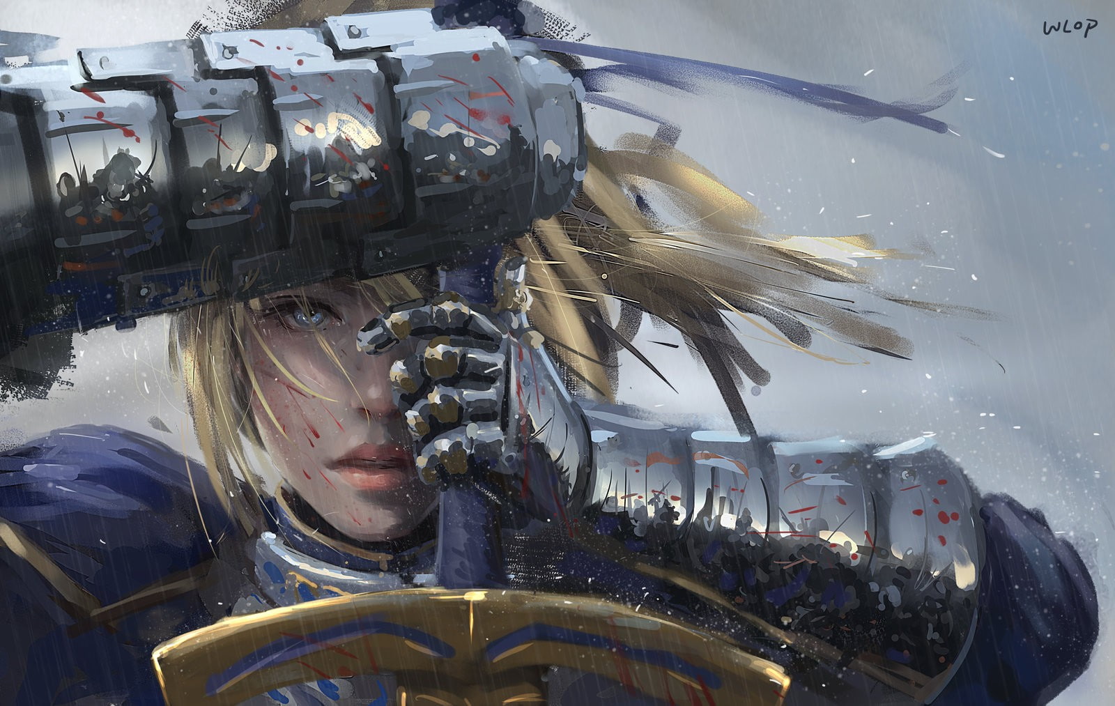 WLOP, artwork, war, anime girls, anime, Fate Series, FateZero, 720P, Saber, gauntlets, HD Wallpaper