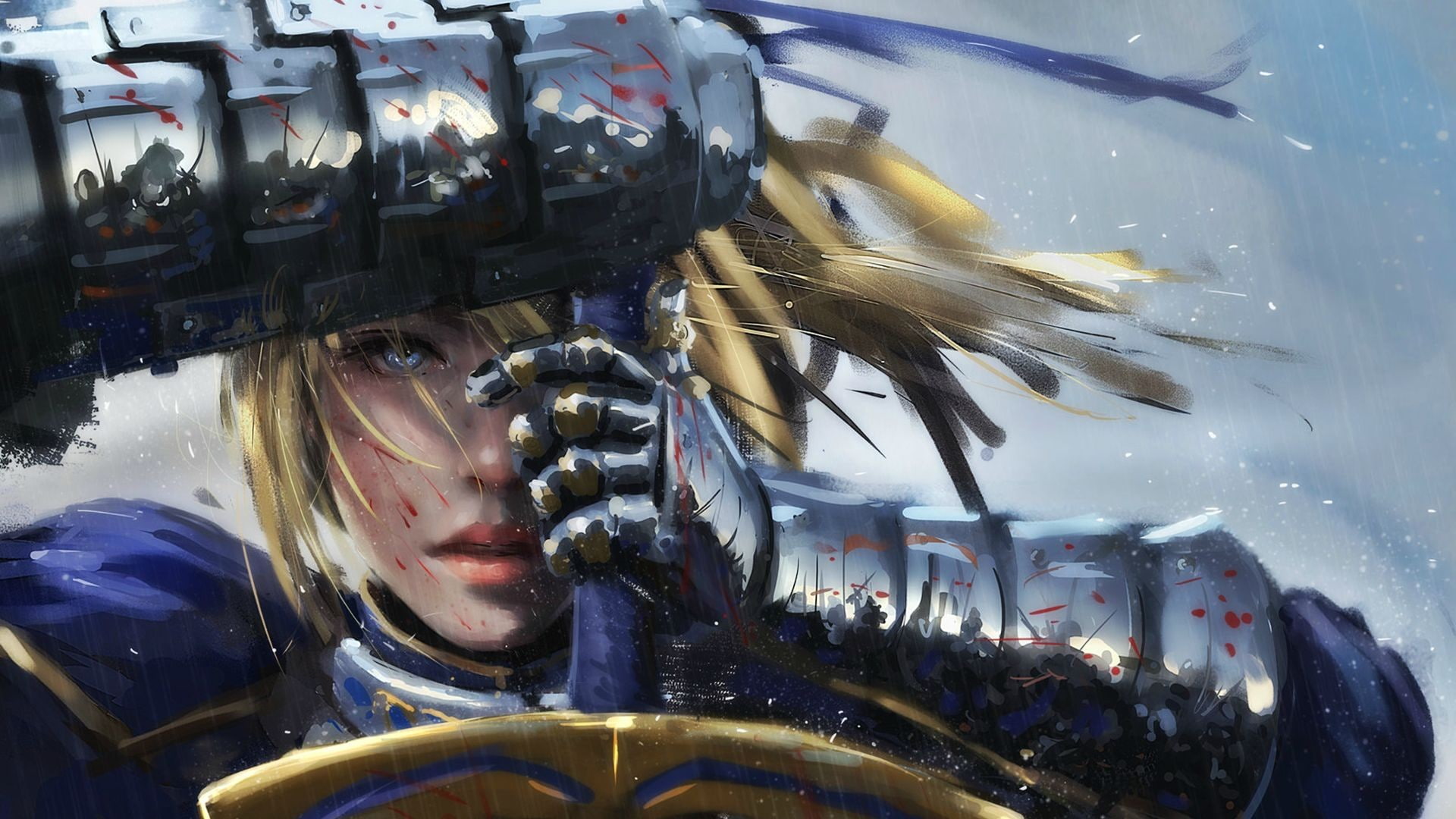 Saber, anime, war, FateZero, Fate Series, artwork, 1080P, gauntlets, WLOP, anime girls, HD Wallpaper