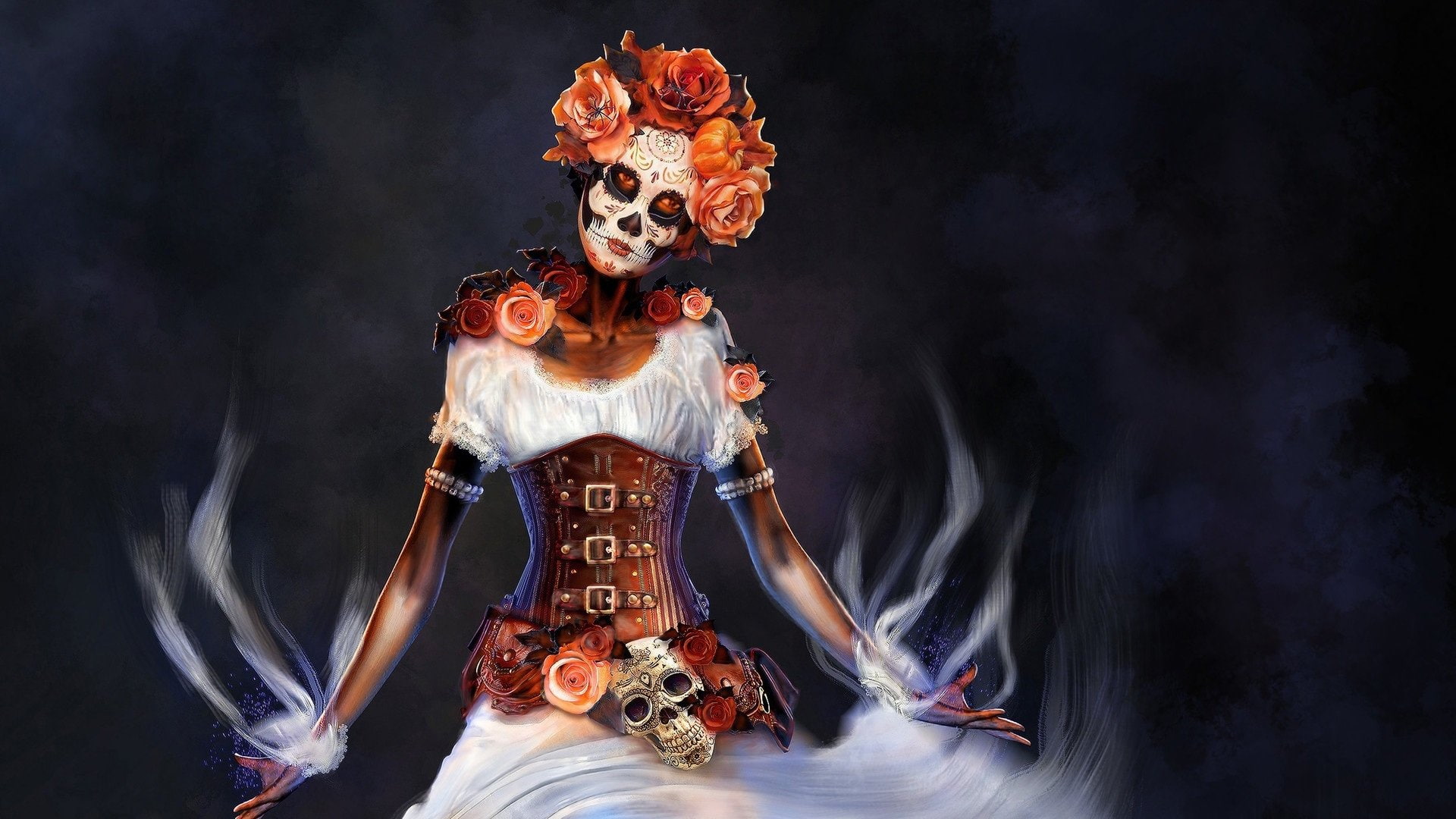 Corset, Fantasy, Artistic, 1080P, Sugar Skull, Girl, Steampunk, Day of the Dead, HD Wallpaper