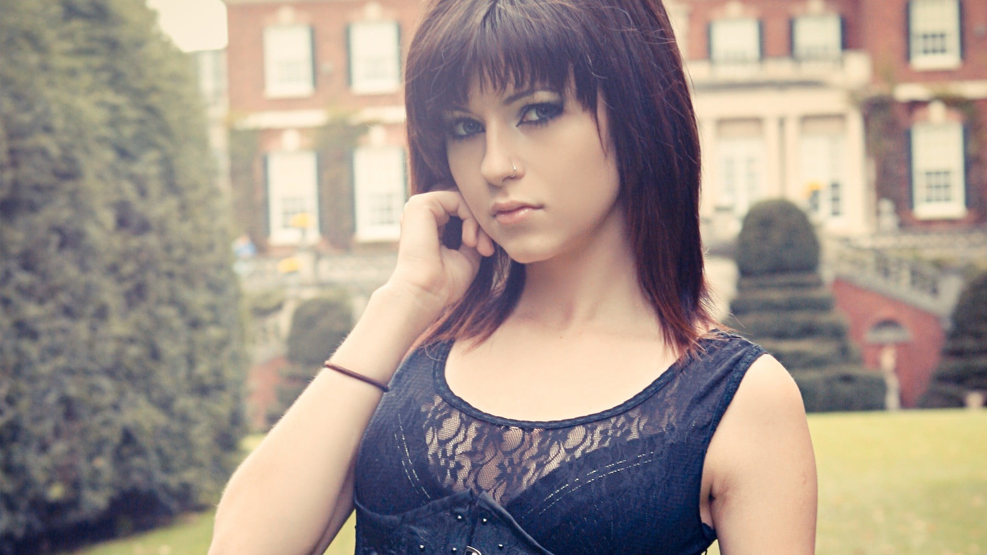 looking, model, face, one person, portrait, headshot, women outdoors, beauty, corset, black, brown hair, beautiful woman, strap, architecture, women, brunette, HD Wallpaper