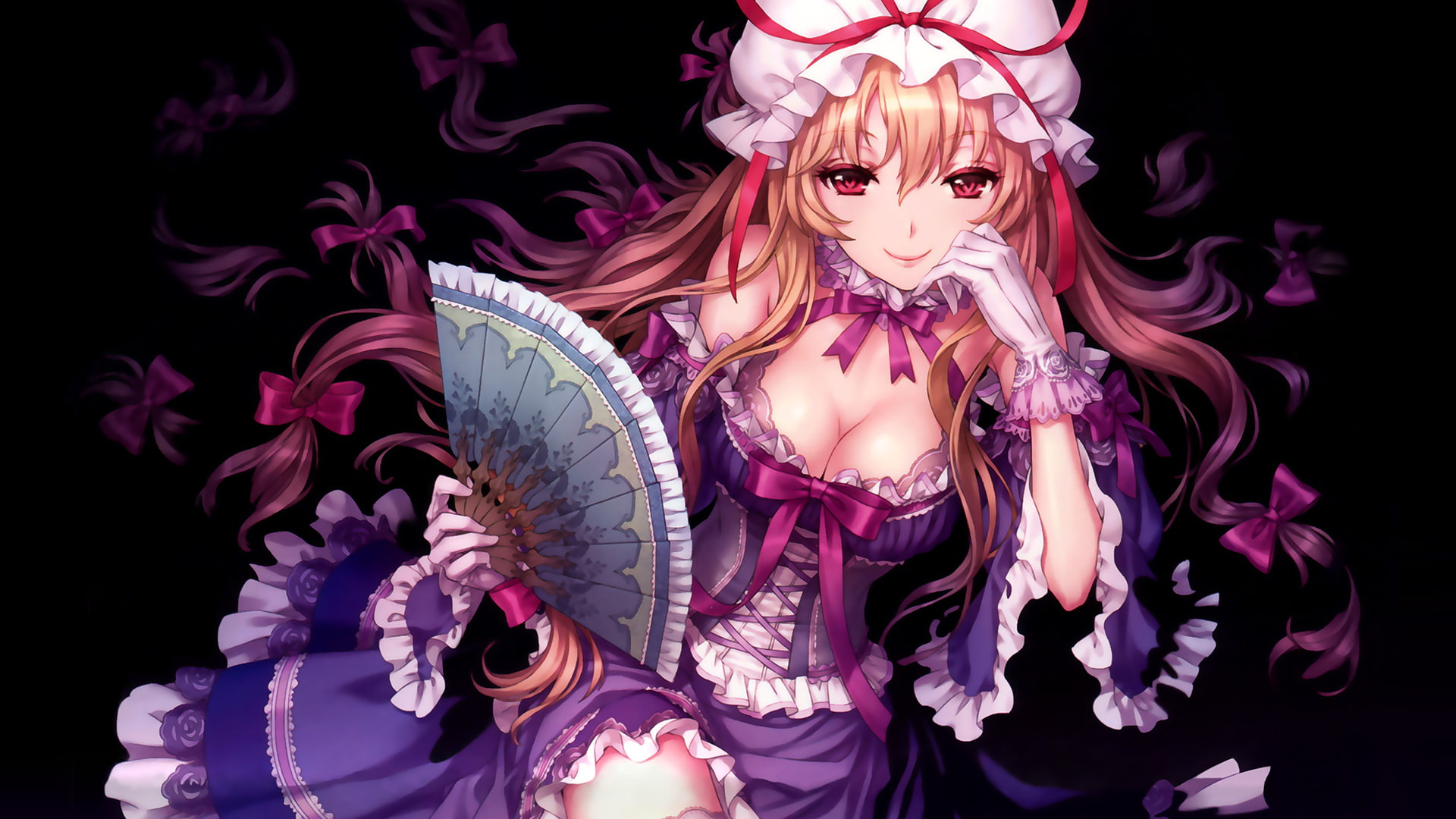 fans, cleavage, red eyes, ribbon, an2a, corset, Touhou, anime girls, Yakumo Yukari, blonde, 1080P, HD Wallpaper