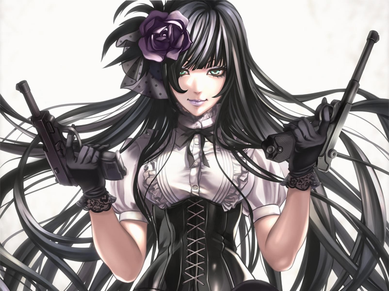 anime girls, anime, gun, looking at viewer, corset, 720P, HD Wallpaper
