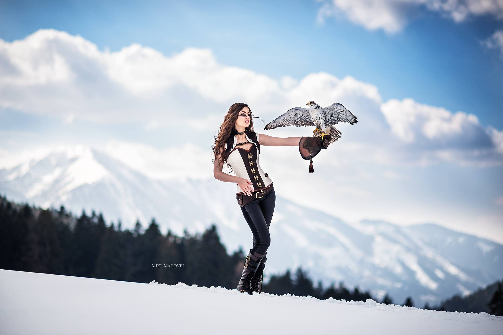nature, women outdoors, fantasy girl, birds, Miki Macovei, snow, 1080P, women, corset, HD Wallpaper