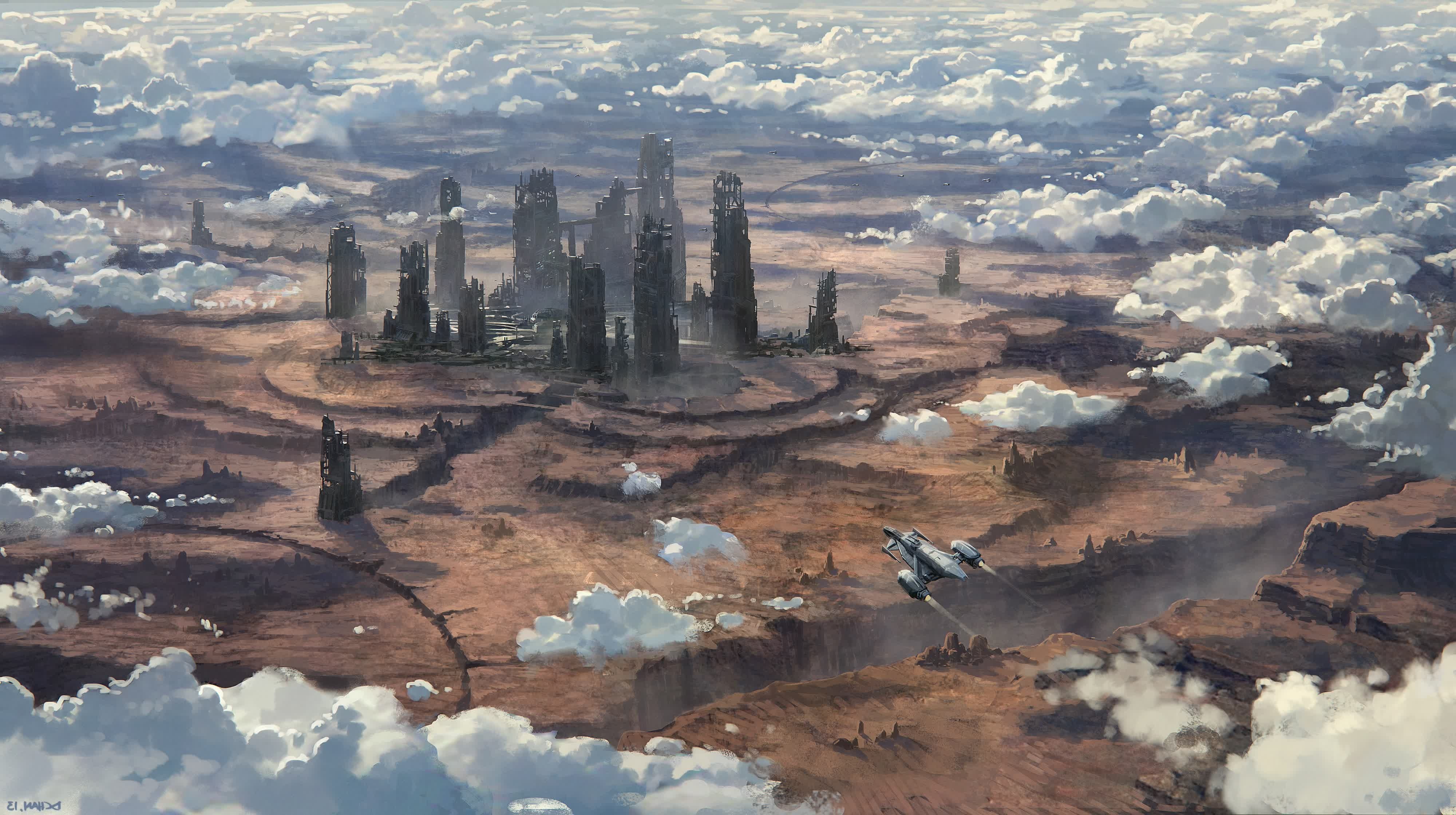 mountain, environment, ruins, cloud - sky, scenics - nature, tree, 4K, space, pollution, high angle view, nature, industry, non-urban scene, spaceship, HD Wallpaper