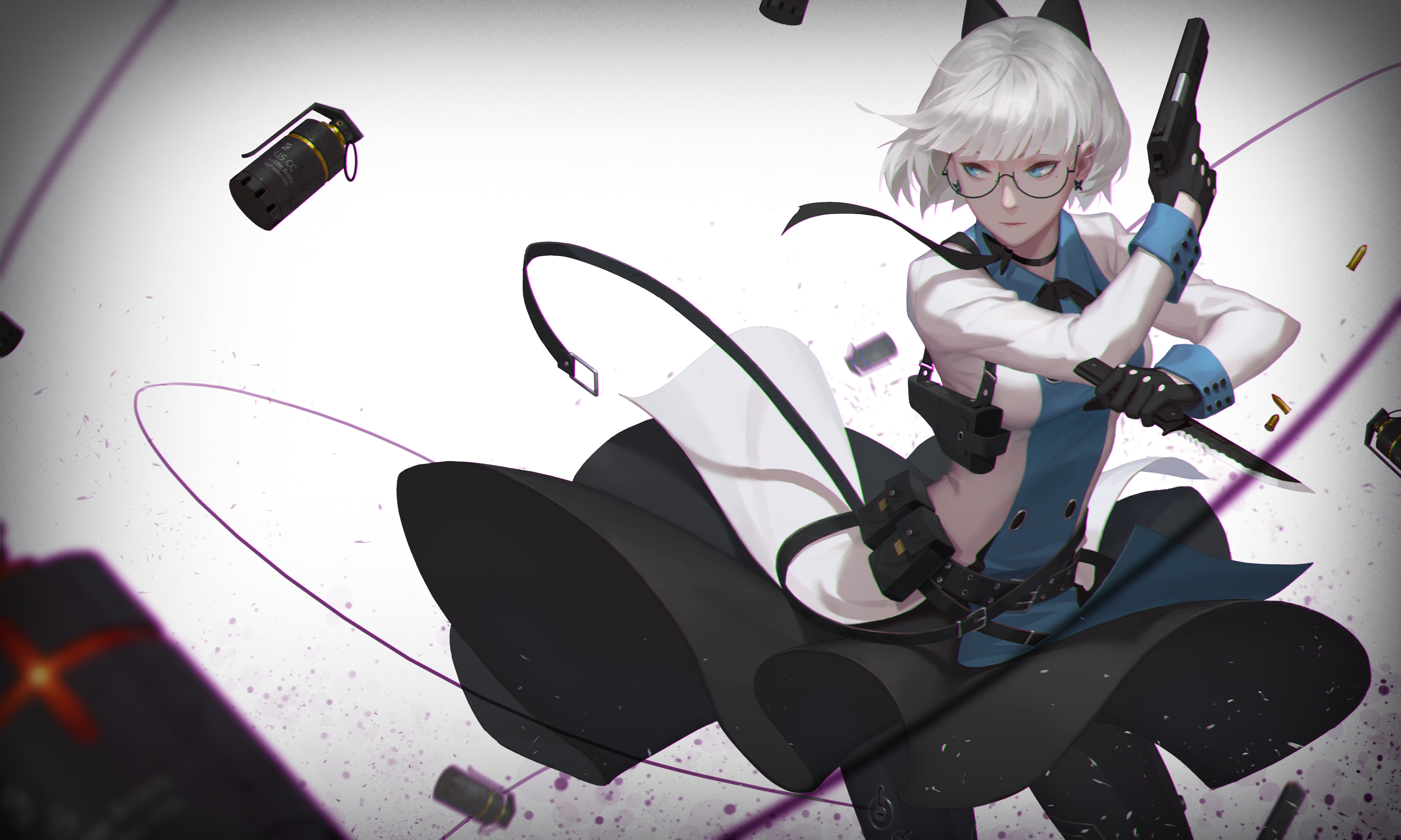 4K, grenades, belt, skirt, piercing, hair ornament, anime, jacket, white background, leisure activity, sport, childhood, anime girls, -q9q-, holster, child, HD Wallpaper