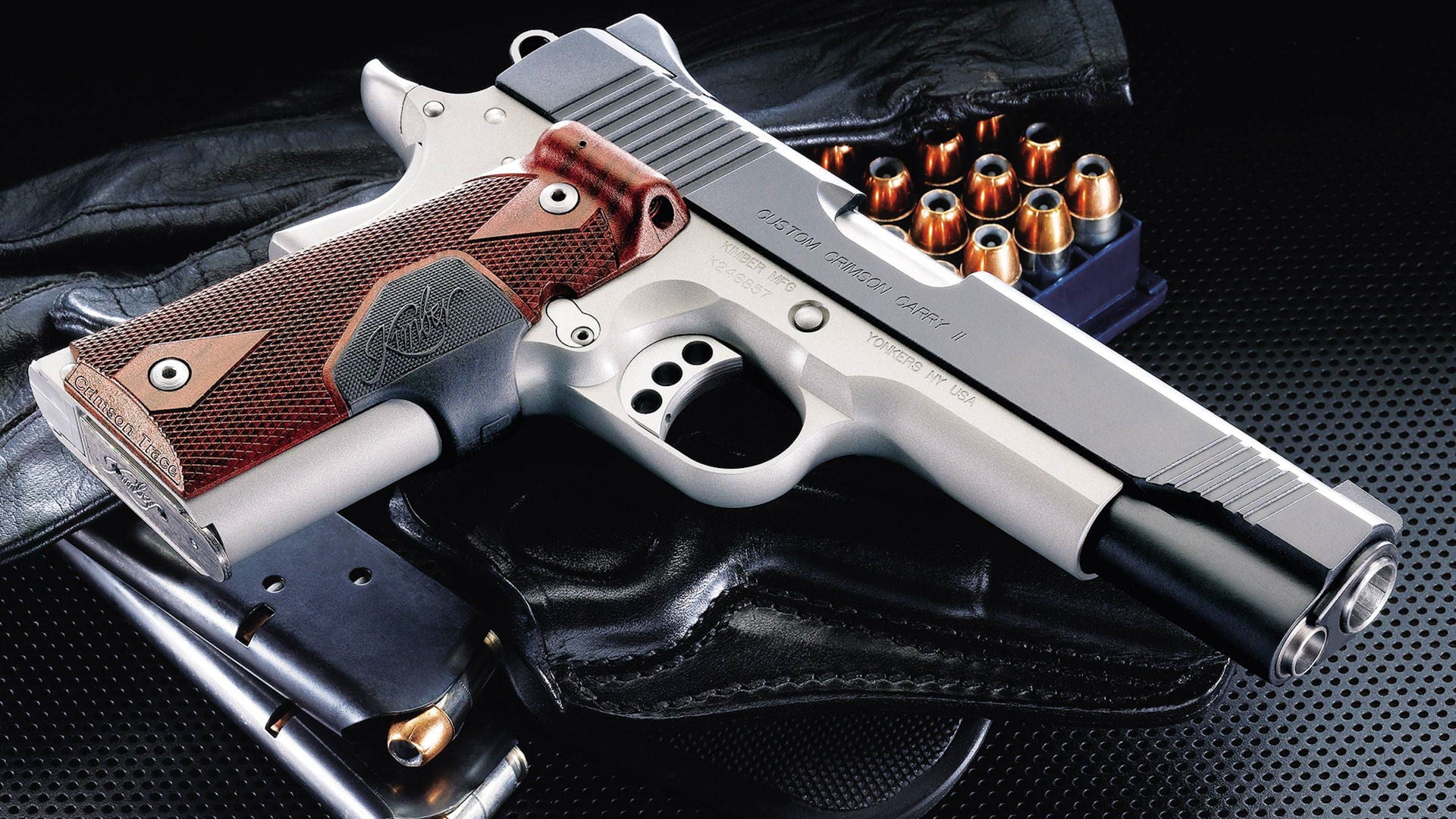black background, violence, 1080P, pistol, aggression, cartridges, communication, handgun, warning sign, high angle view, crime, clips, weapons, silver, HD Wallpaper