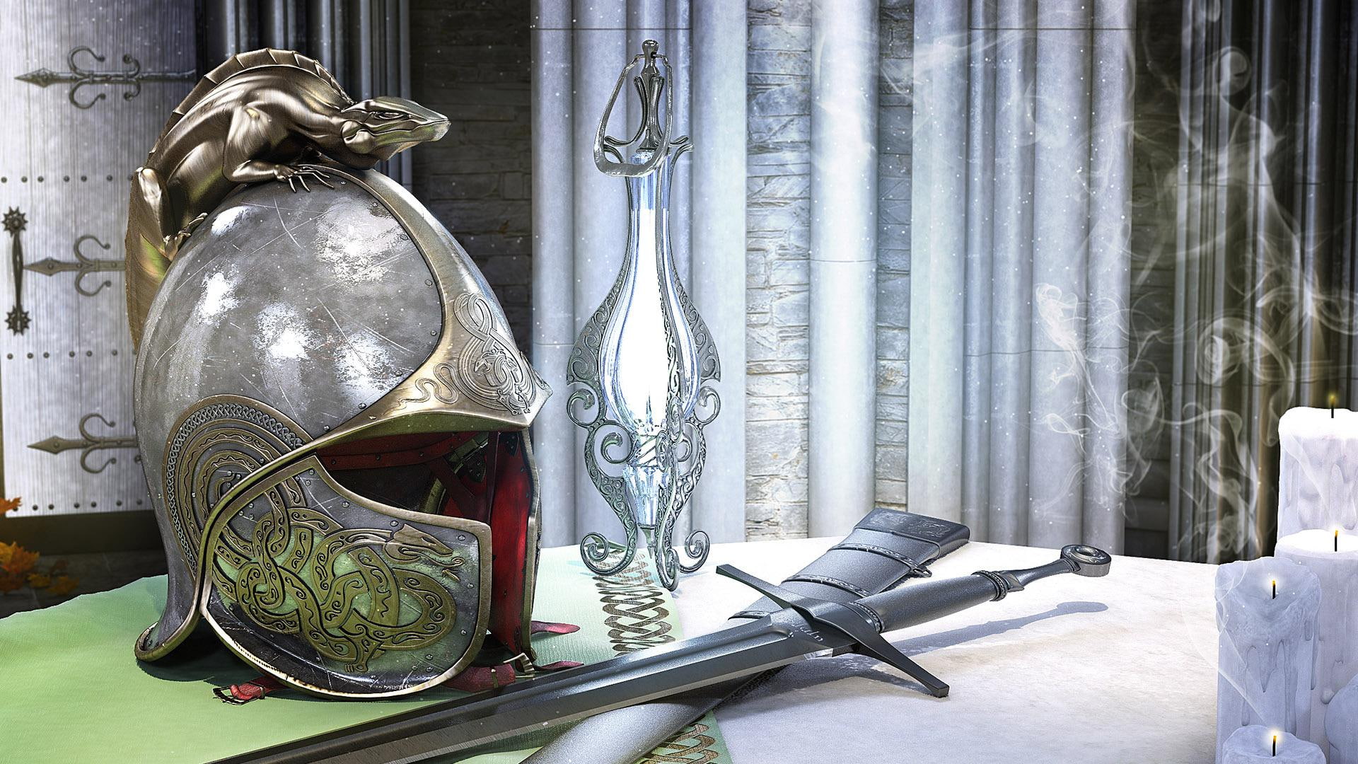 sword, helmet, holster, photography, 1920x1080, 1080P, gray, metal, HD Wallpaper