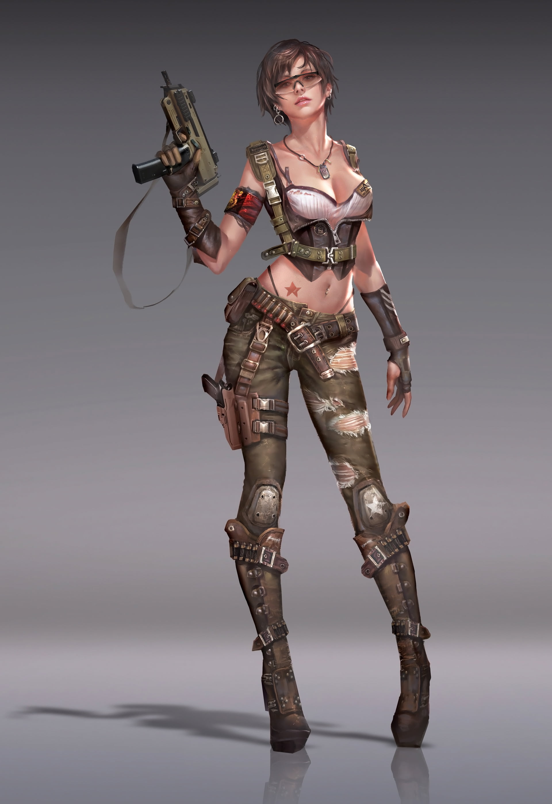 holster, weapon, brunette, submachine gun, drawing, shadow, sunglasses, 2K, army girl, short hair, pistol, women, gun, Ares, army gear, Phone HD Wallpaper