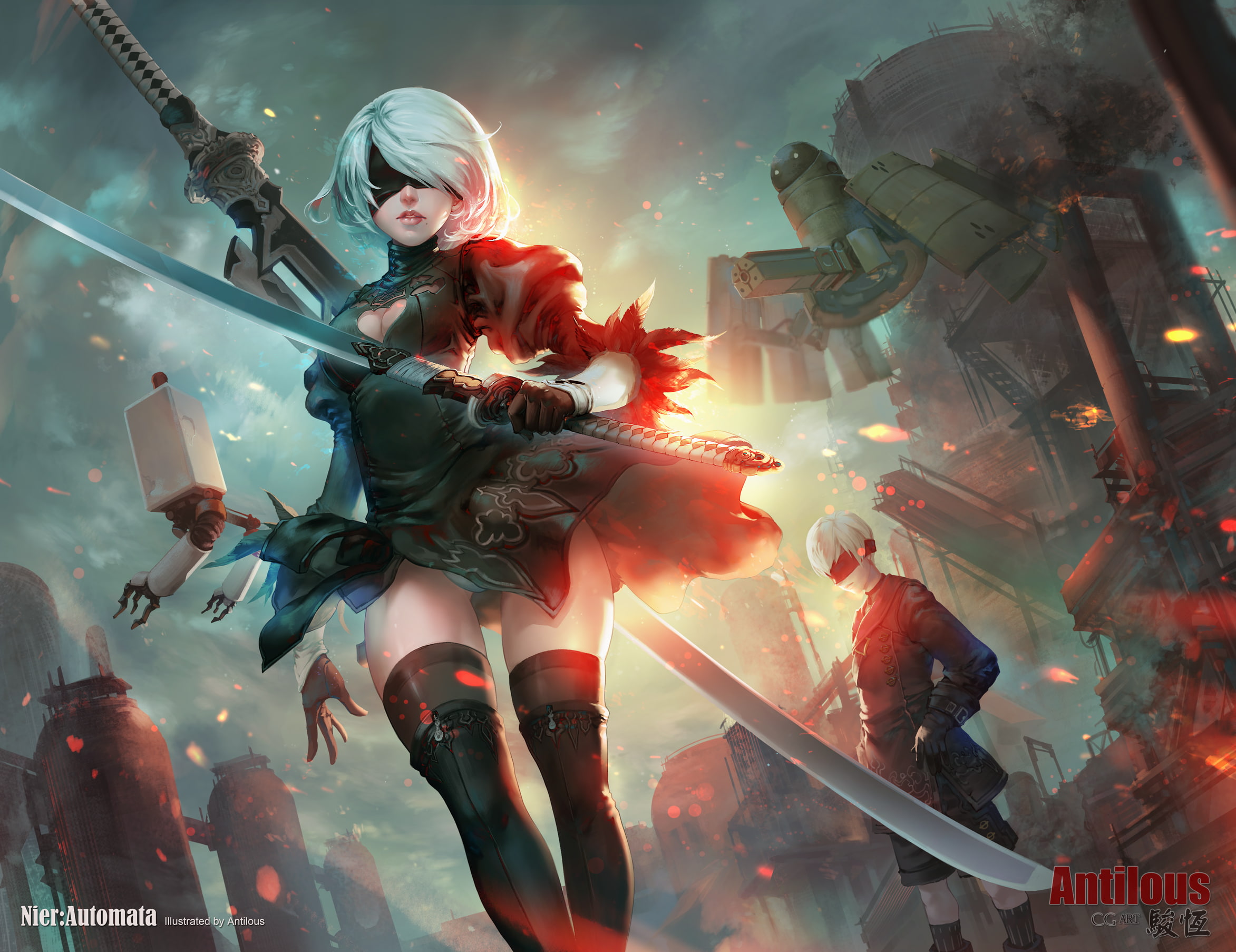 cleavage, thigh-highs, dress, Nier: Automata, NieR, 2B (Nier: Automata), 1080P, HD Wallpaper