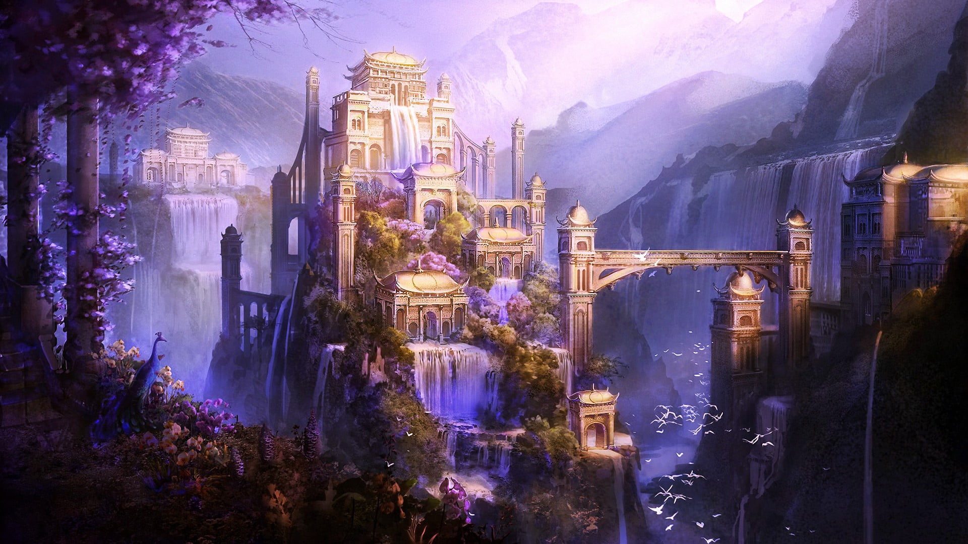 castle, no people, city, game, outdoors, artwork, plant, illuminated, fantasy art, building exterior, high angle view, Shangri-La, religion, dusk, nature, HD Wallpaper