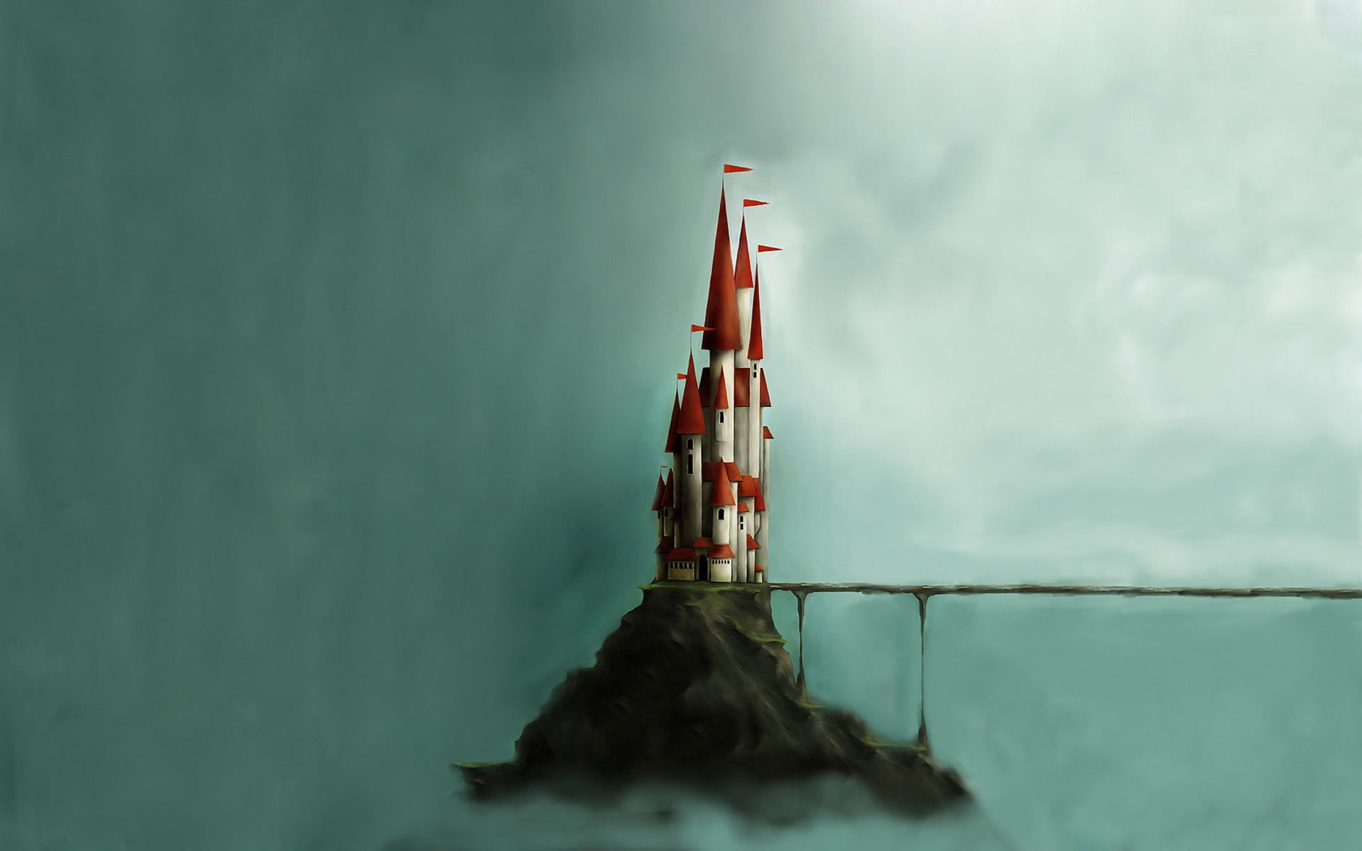 mountains, building exterior, scenics - nature, castle, nature, day, water, built structure, painting, guidance, digital art, waterfront, minimalism, cloud - sky, HD Wallpaper