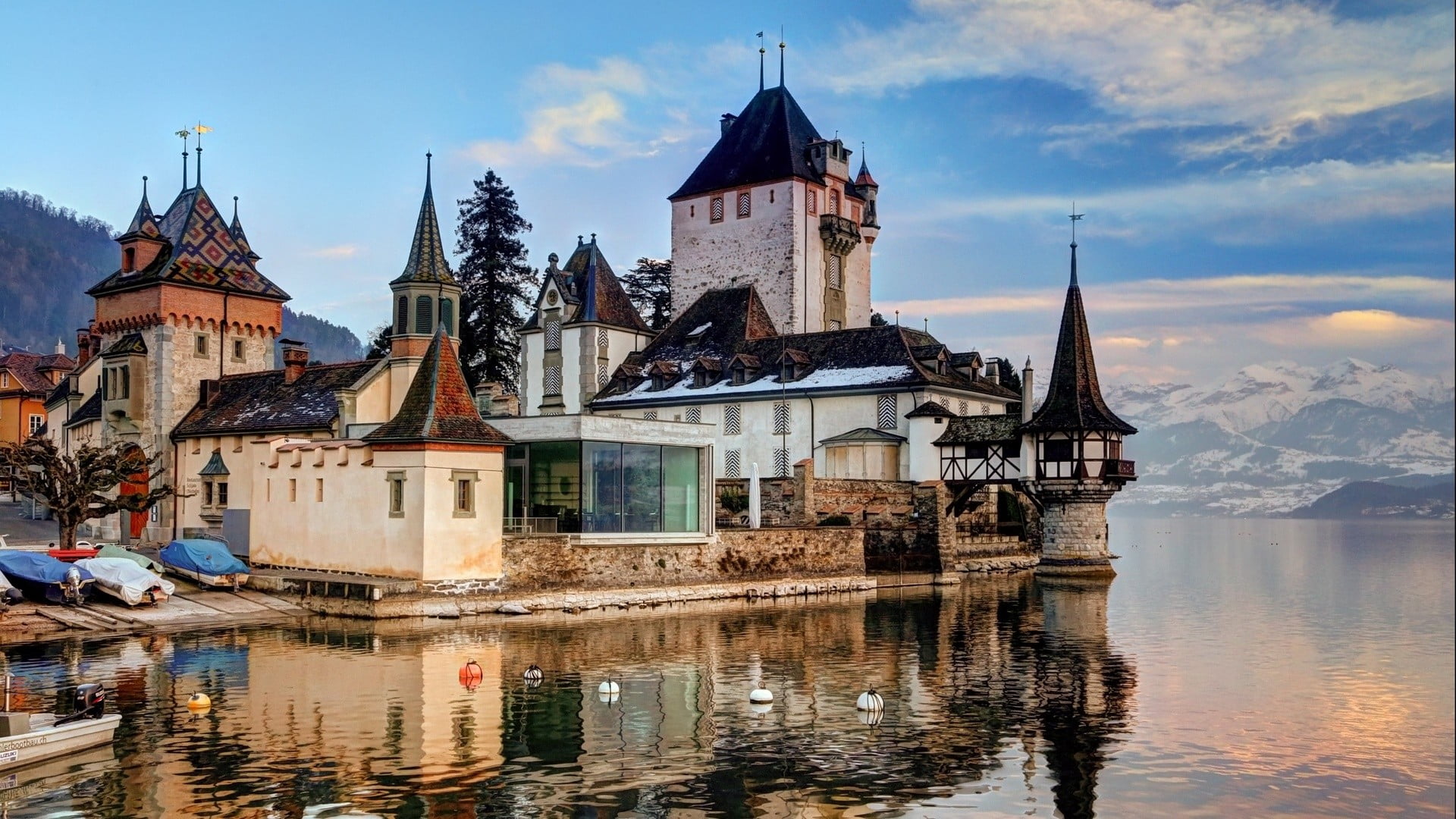 spire, reflection, tower, sky, history, place of worship, Lake Thun, old building, built structure, spirituality, religion, outdoors, no people, travel destinations, HD Wallpaper