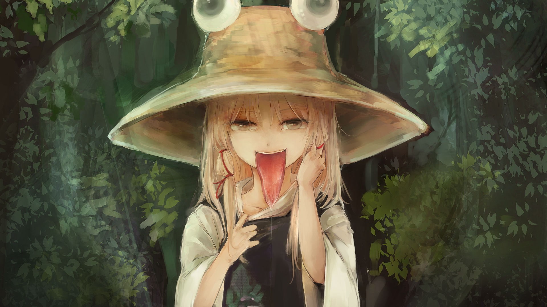 anime, looking at viewer, Moriya Suwako, Touhou, anime girls, blonde, trees, solo, ribbon, short hair, hat, forest, white hair, 1080P, bangs, tongues, HD Wallpaper