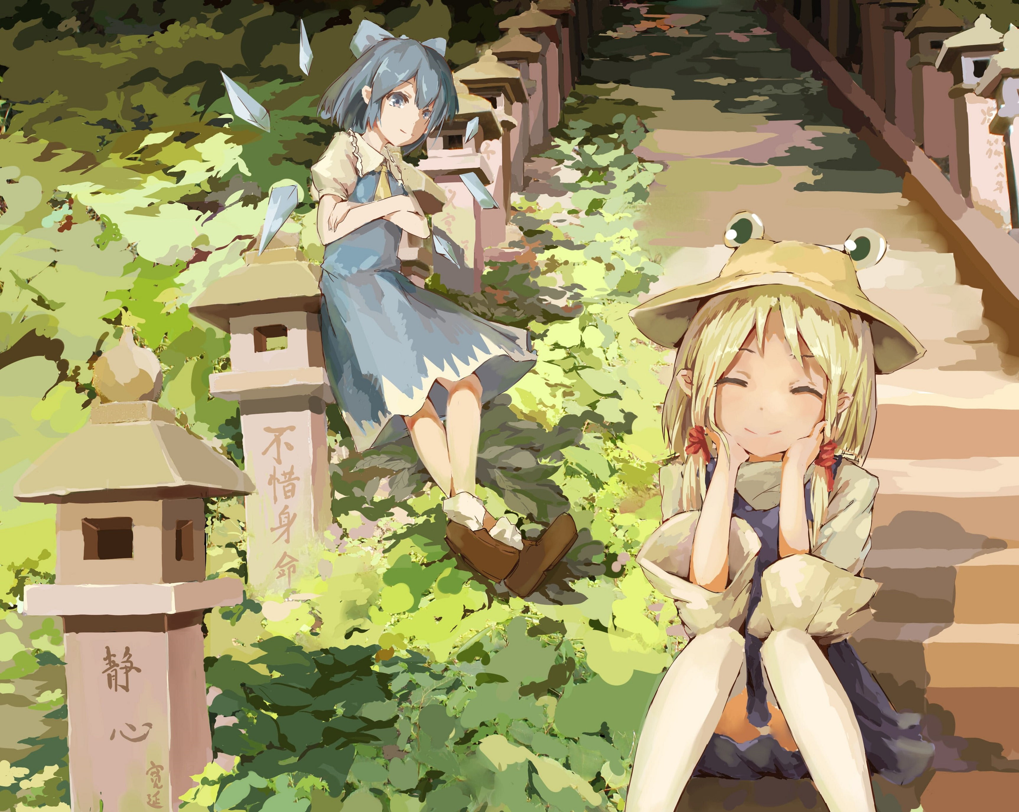 hat, lights, Project East, two, ladder, Touhou Project, mugs, in the woods, Japan, ice fairy, smile, stage, 2K, Moriya Suwako, Cirno, HD Wallpaper