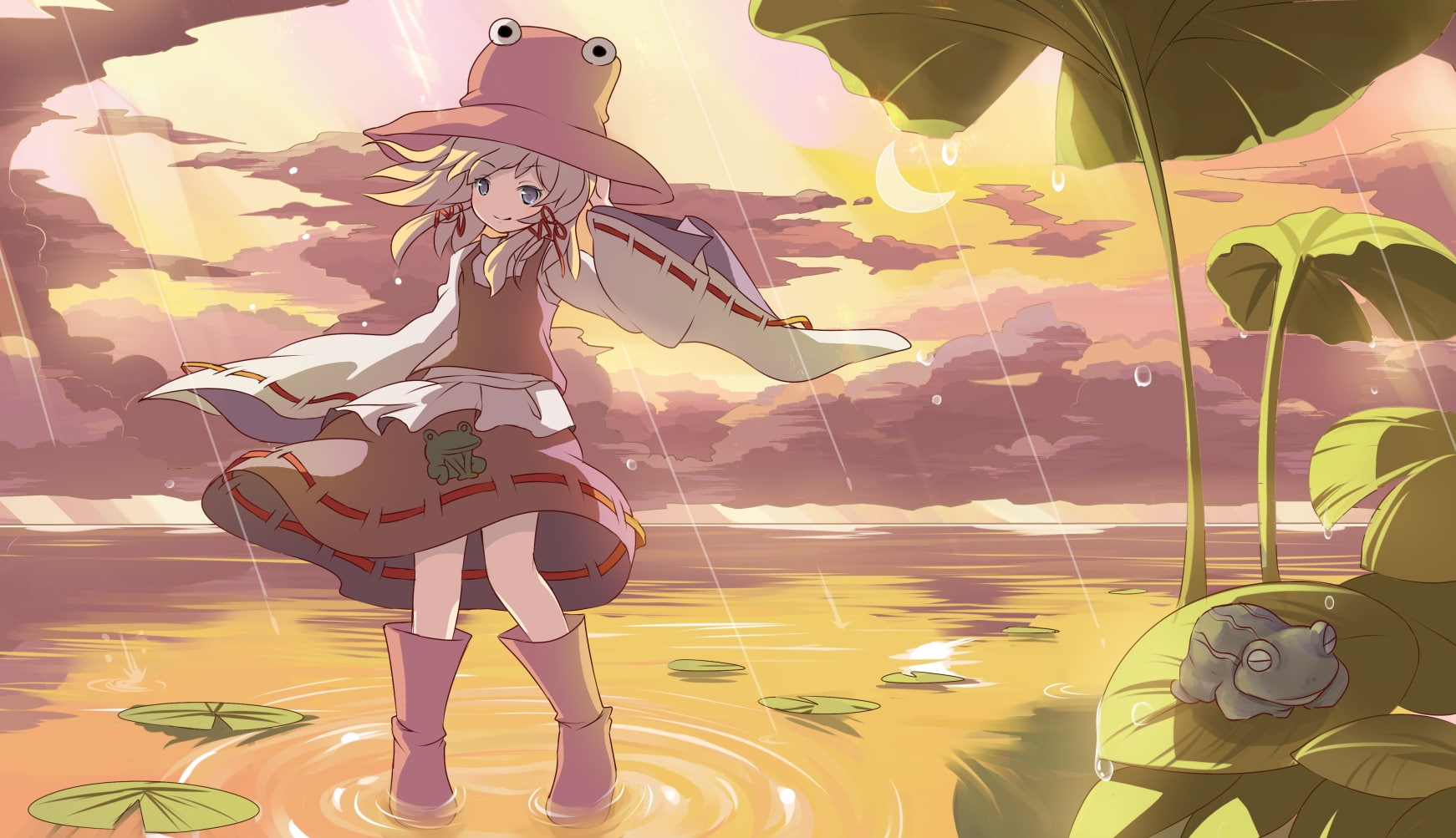 clouds, skirt, sky, frog, animal, risutaru, moon, hat, rain, 720P, sunset, leaves, boots, touhou, moriya, suwako, water, HD Wallpaper