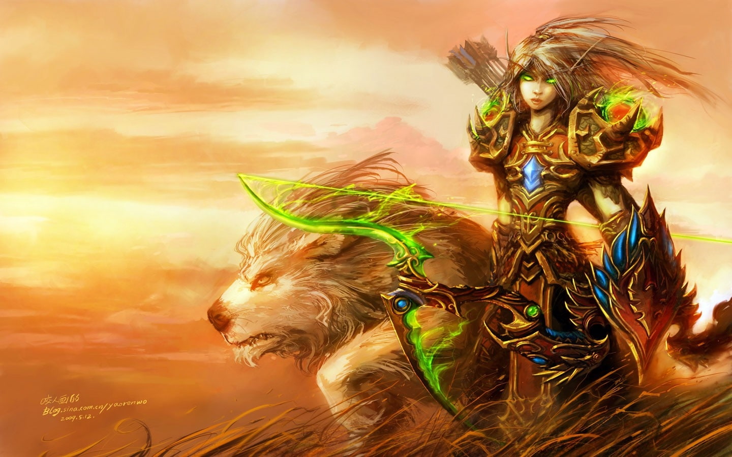 women, world, bow, hunter, elf, fantasy, warcraft, armor, archers, artwork, blood, games, Video Games, 720P, video, elves, hd, art, abstract, HD Wallpaper