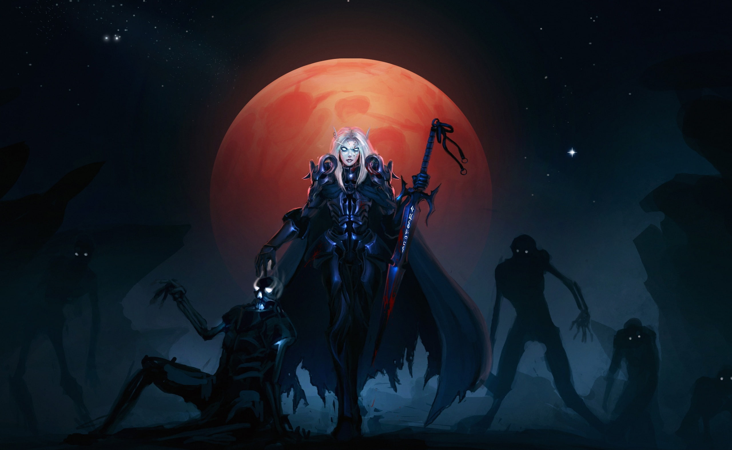 wow, 2K, outdoors, concept art, astronomy, halloween, science, death, people, creativity, knight, space, human representation, night, silhouette, HD Wallpaper
