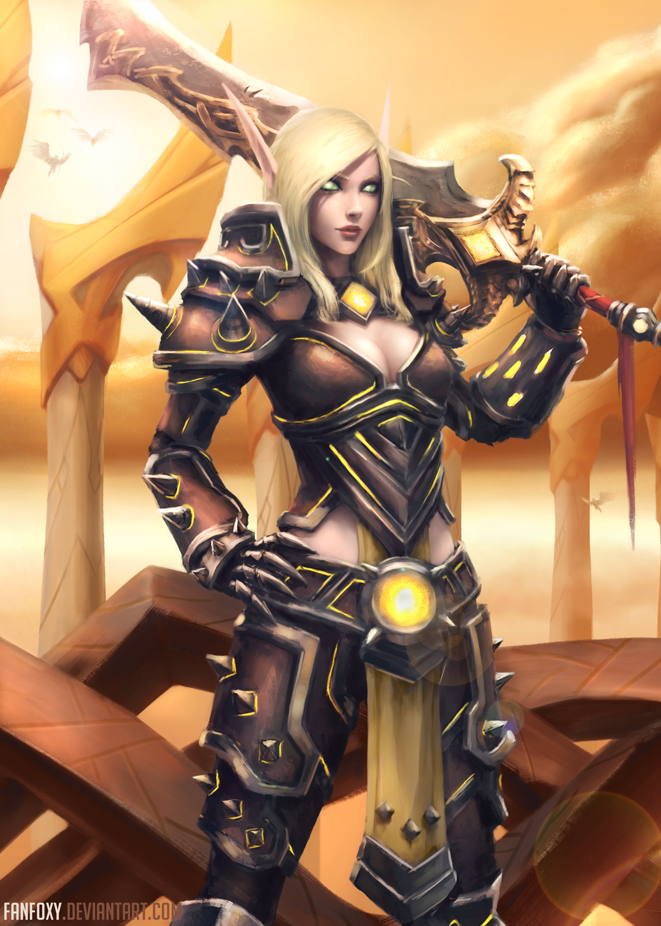 weapon, green eyes, Fanfoxy, spikes, pointy ears, armor, elves, women, blood elves, 2K, sword, belt, warrior, drawing, Warcraft, Phone HD Wallpaper