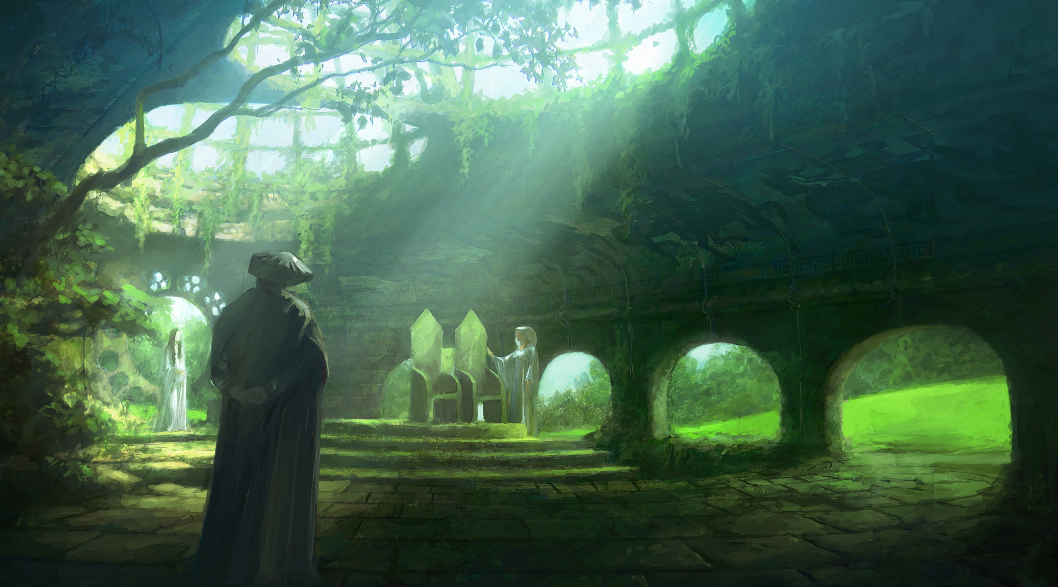 sunlight, nature, spirituality, grave, tree, belief, real people, women, Ruins, built structure, forest, architecture, day, Artistic, Doriath, Pete, 2K, HD Wallpaper