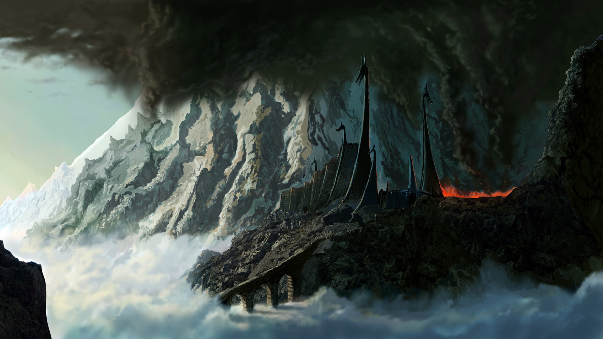 mountains, hd, smoke, fantasy, gondolin, drawing, 1080P, HD Wallpaper
