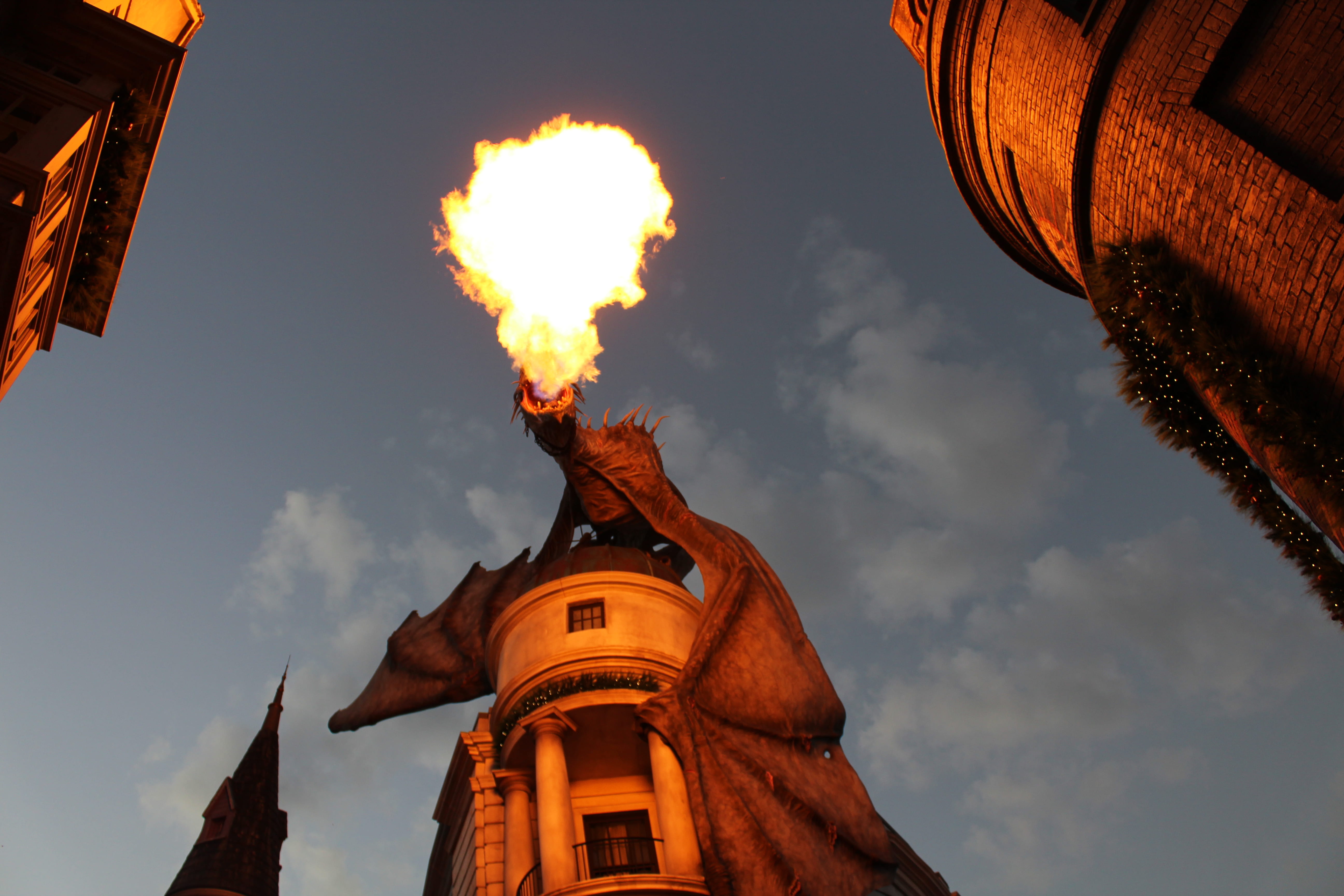 5K, top, outdoors, religion, nature, no people, place of worship, island of adventure, building exterior, fire, the past, dragon, burning, cloud - sky, HD Wallpaper