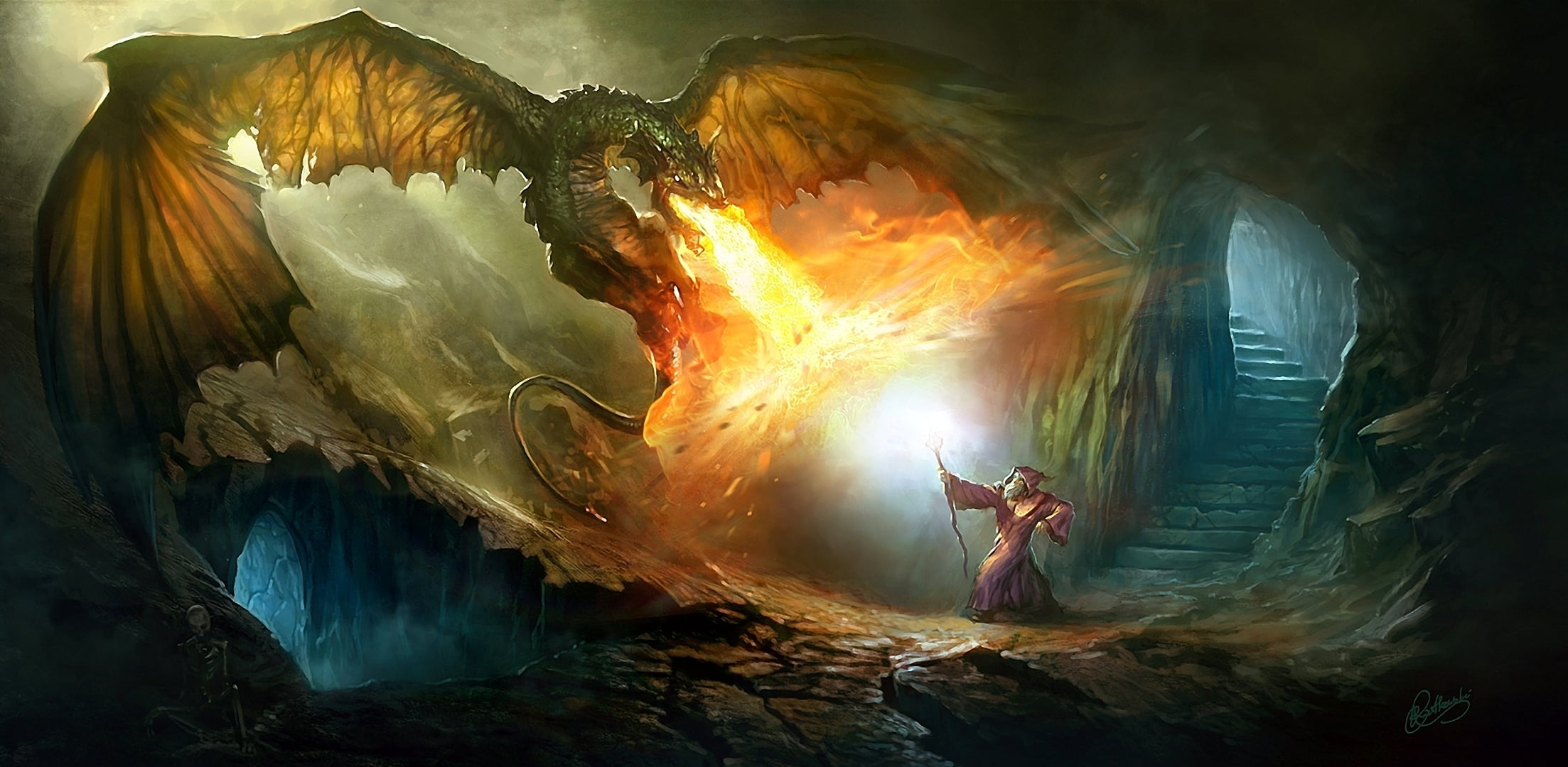 acrylic Painting, cave, battle, long exposure, staff, adult, women, arts culture and entertainment, nature, the sorcerer, motion, burning, multi Colored, HD Wallpaper