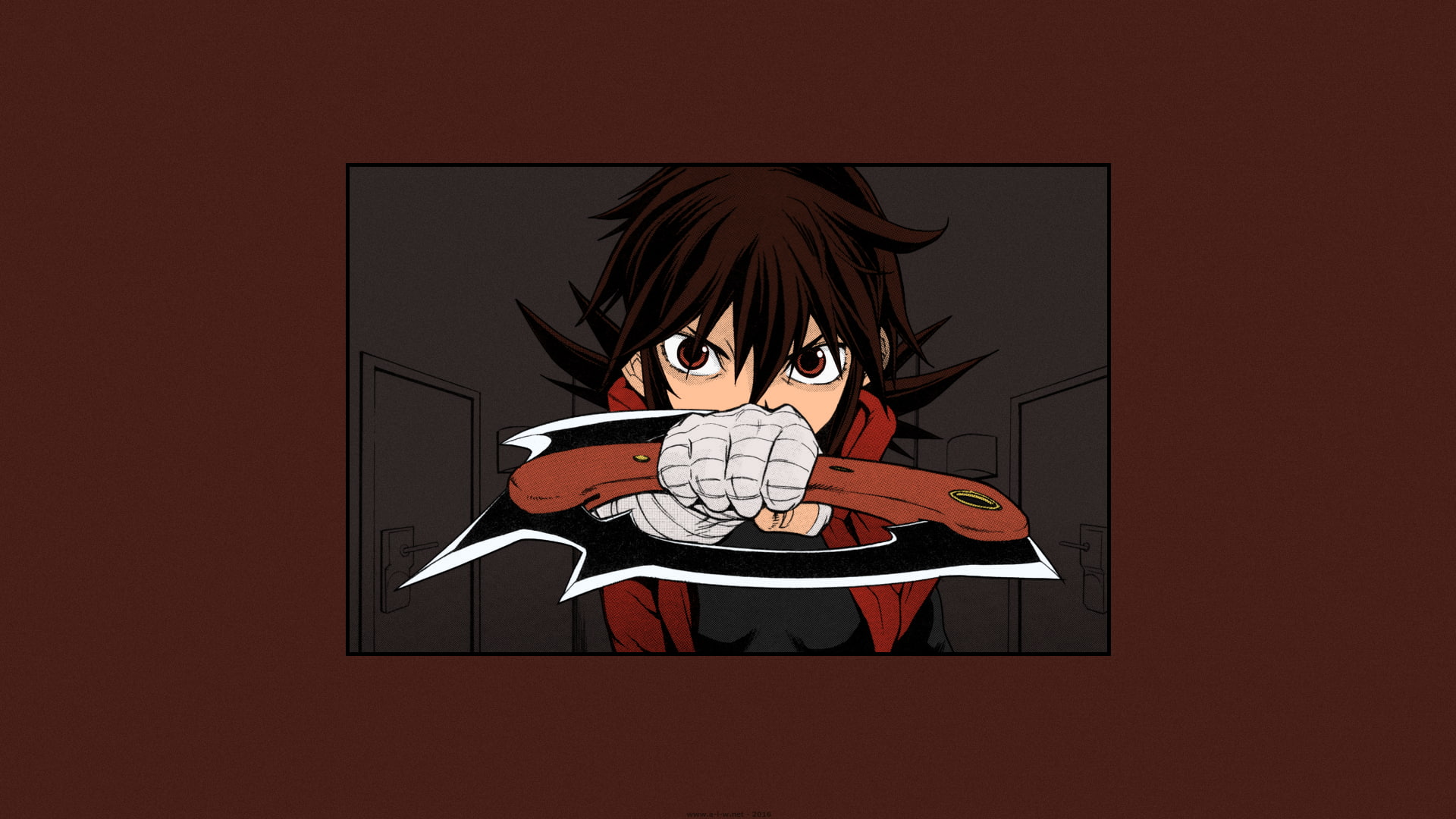 brunette, bandage, mouth open, child, studio shot, colored background, indoors, short hair, battle axe, red, digital composite, D.P, Shirato Marin, Killer, HD Wallpaper