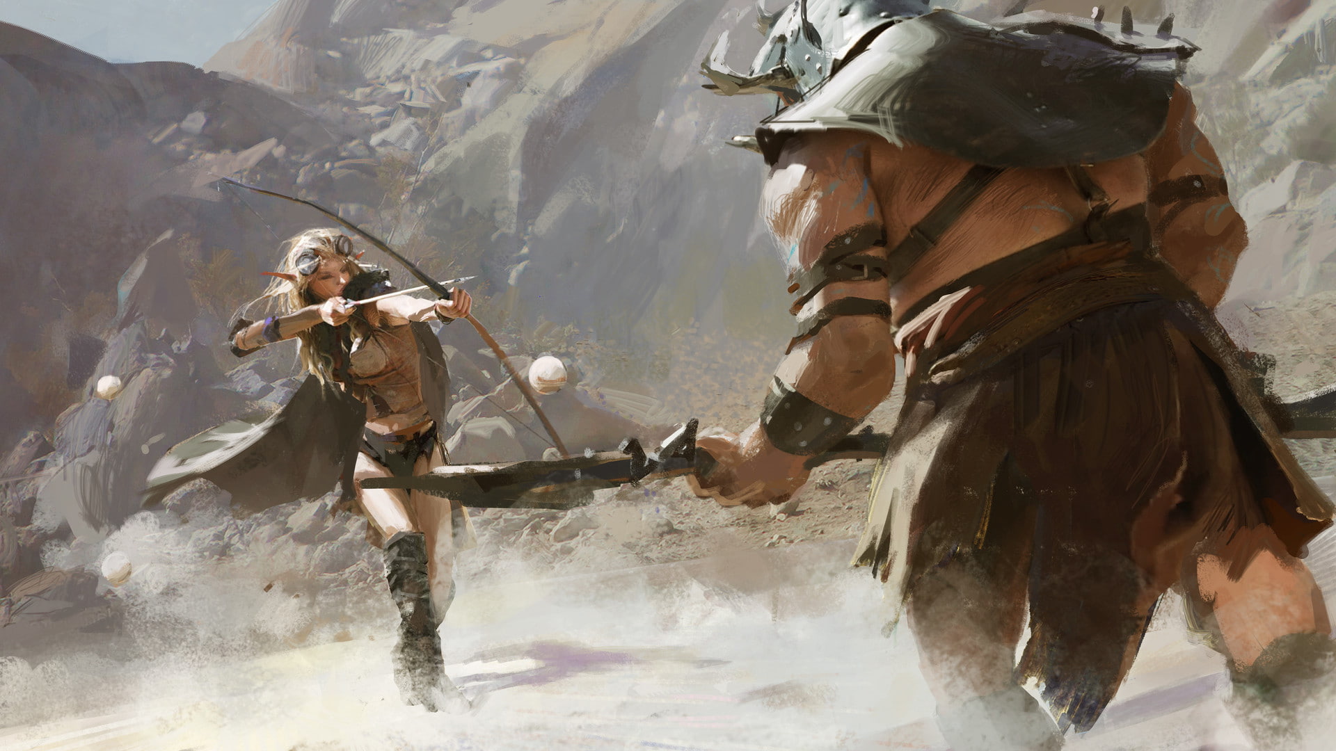 goggles, concept art, painting, 1080P, digital art, archer, elves, warrior, fantasy art, artwork, battle axe, Huang Fan, fighting, bow, HD Wallpaper