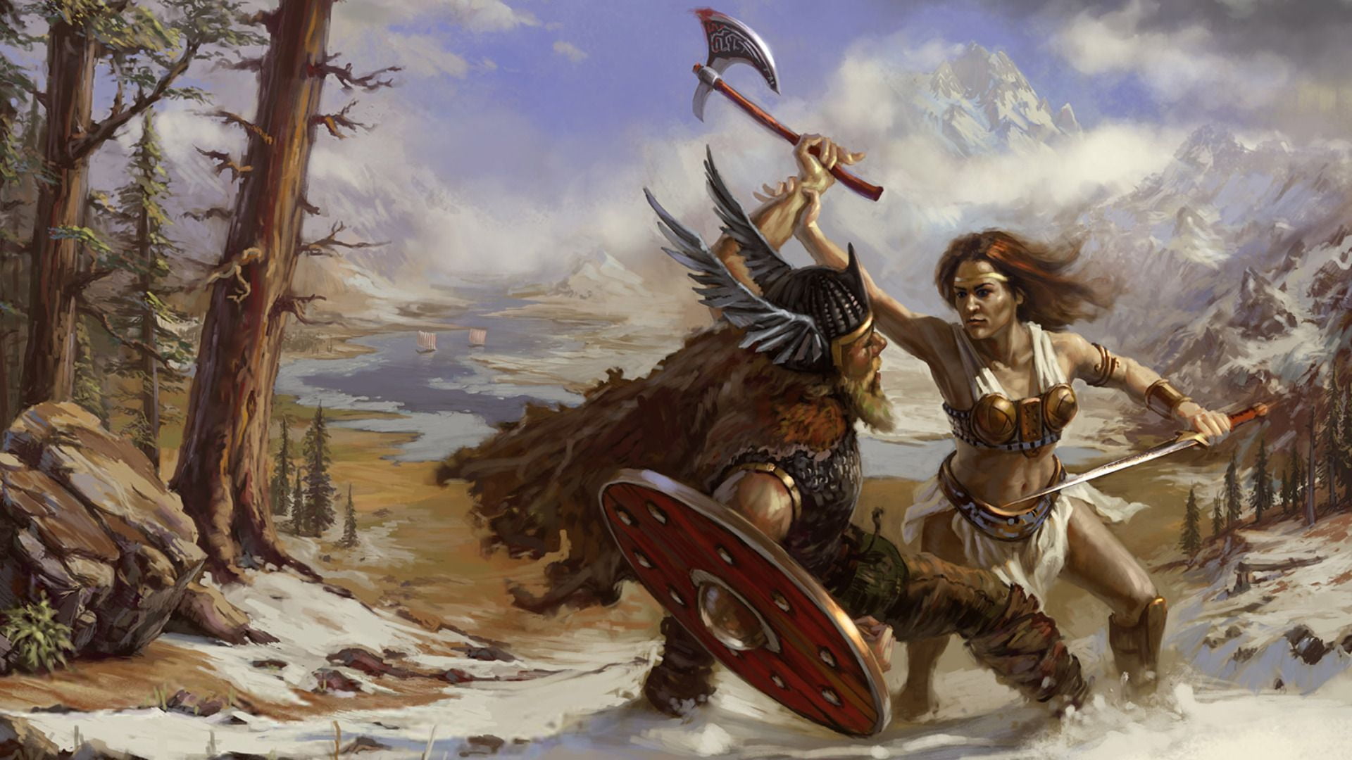 land, beauty in nature, barbarian, cloud - sky, pirate - Criminal, weapon, cultures, woman, rage, warrior, girl warrior, digital, angel, snow, art and craft, HD Wallpaper