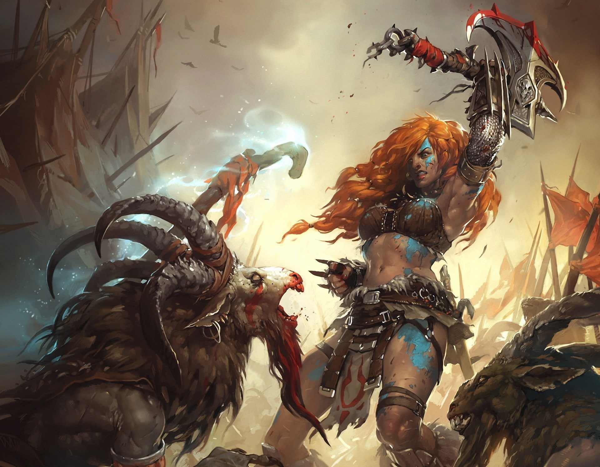 blood, battle, games, horns, warrior, fantasy, 1080P, axes, monsters, dark, girls, warriors, diablo, HD Wallpaper