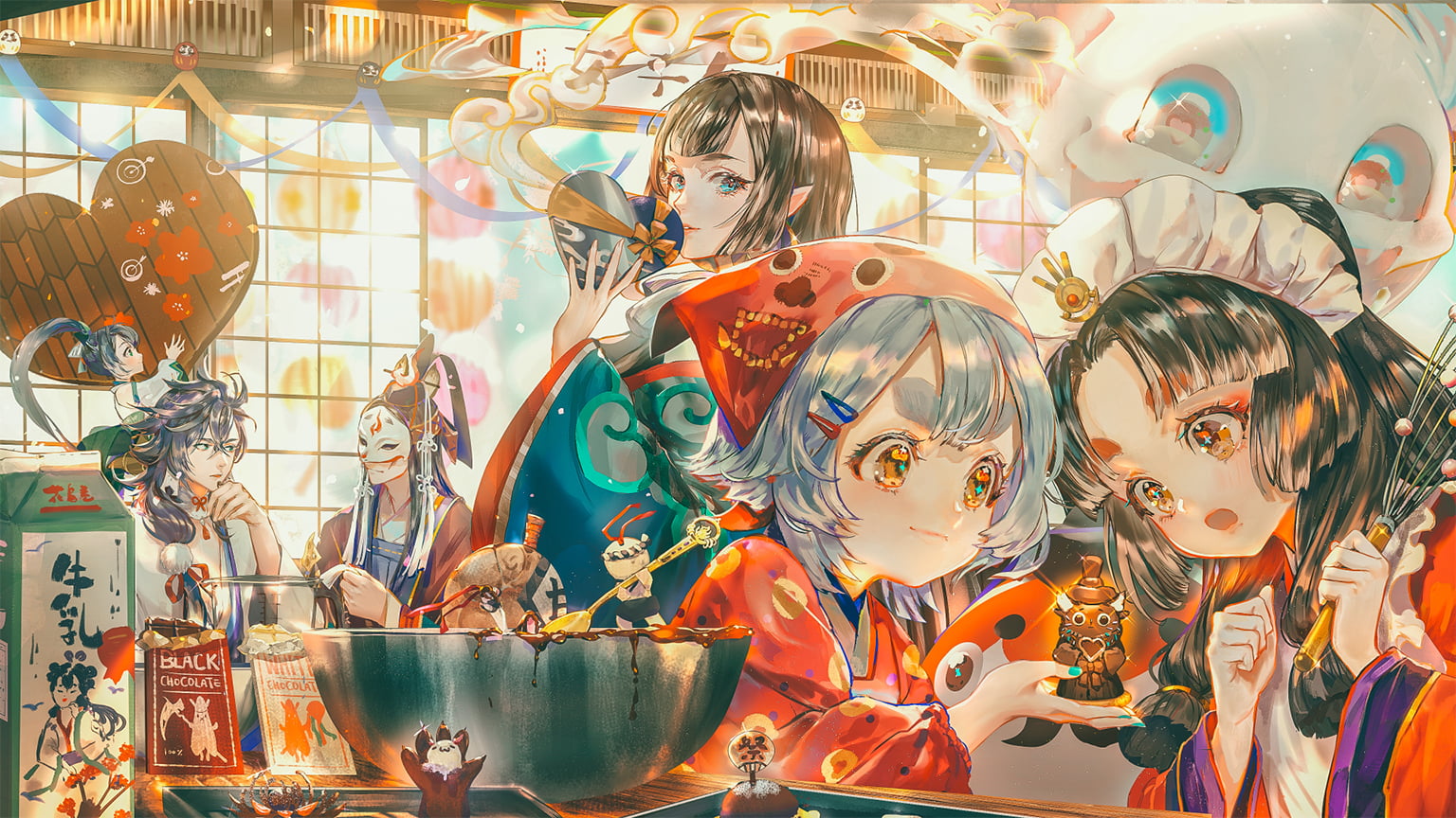 drawing, artwork, anime girls, fantasy art, cooking, pointy ears, 720P, original characters, 2D, chocolate, illustration, Valentines Day, anime, colorful, HD Wallpaper