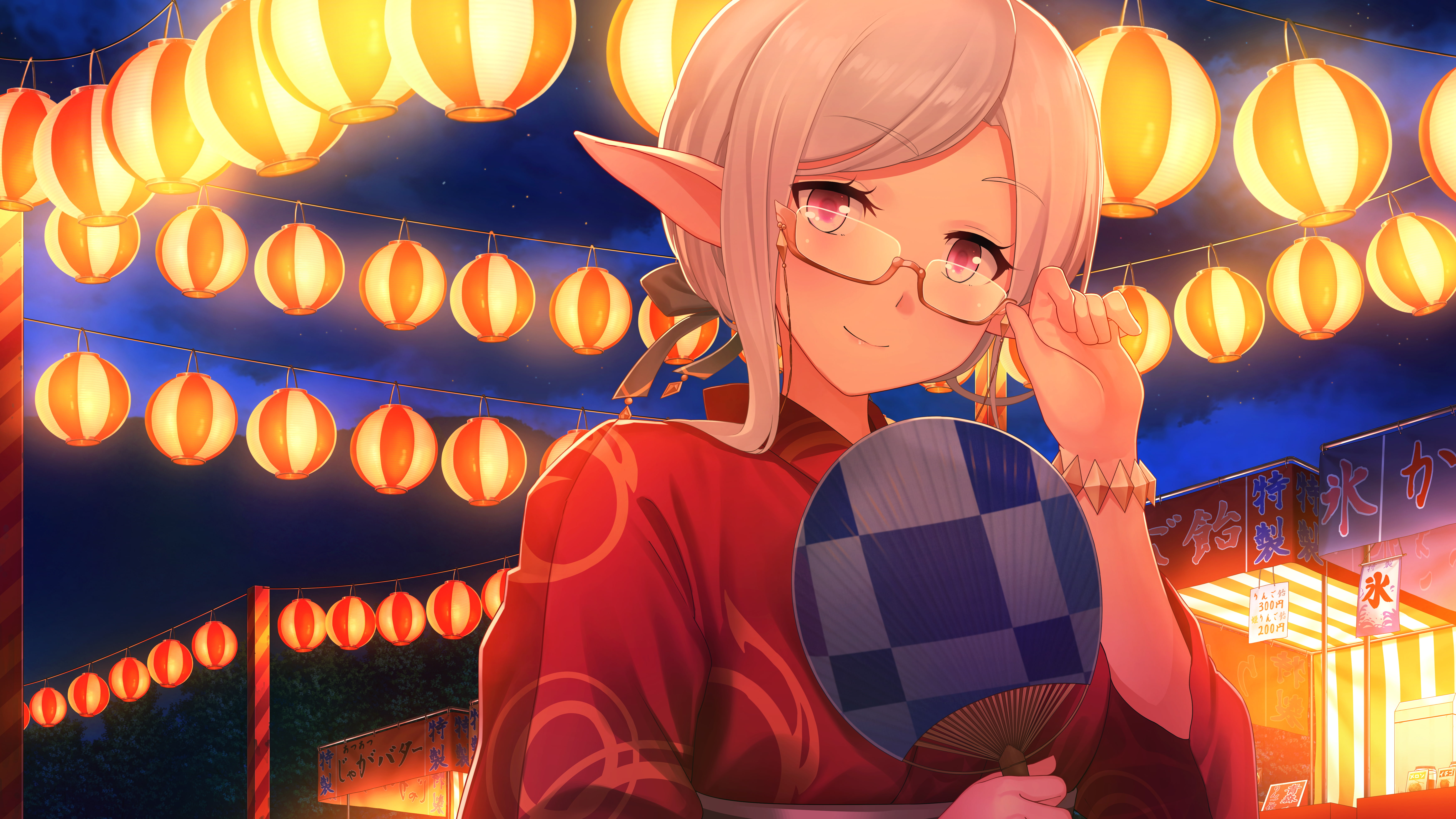 bangs, ribbon, anime girls, real people, text, adult, red eyes, illuminated, pointy ears, glowing, glasses, night, western script, standing, front view, HD Wallpaper