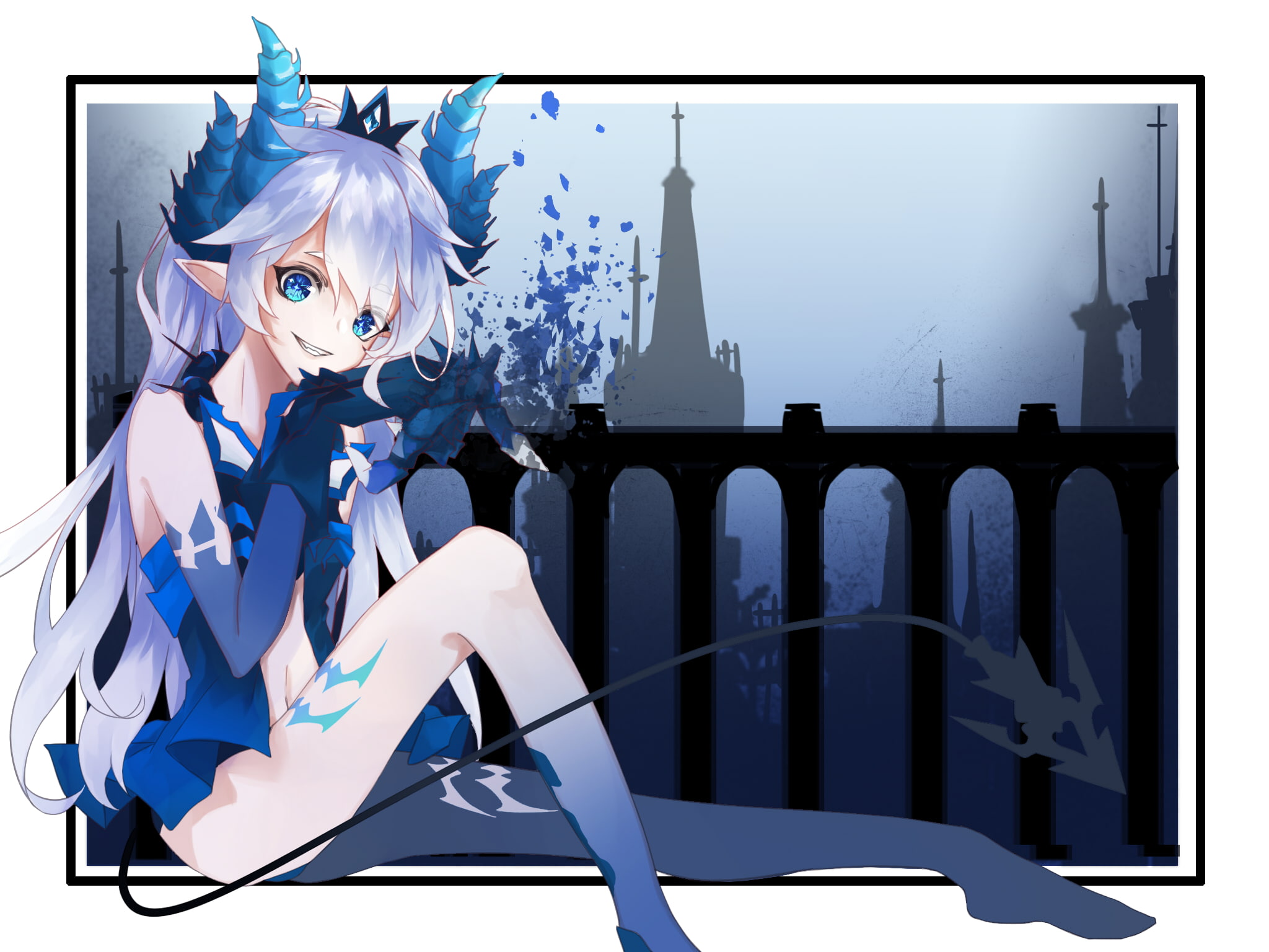 belly, smirk, costume, blue eyes, bangs, luciela r. sourcream, dress, horns, long hair, adult, lifestyles, city, white eyebrows, indoors, Elsword, white hair, HD Wallpaper