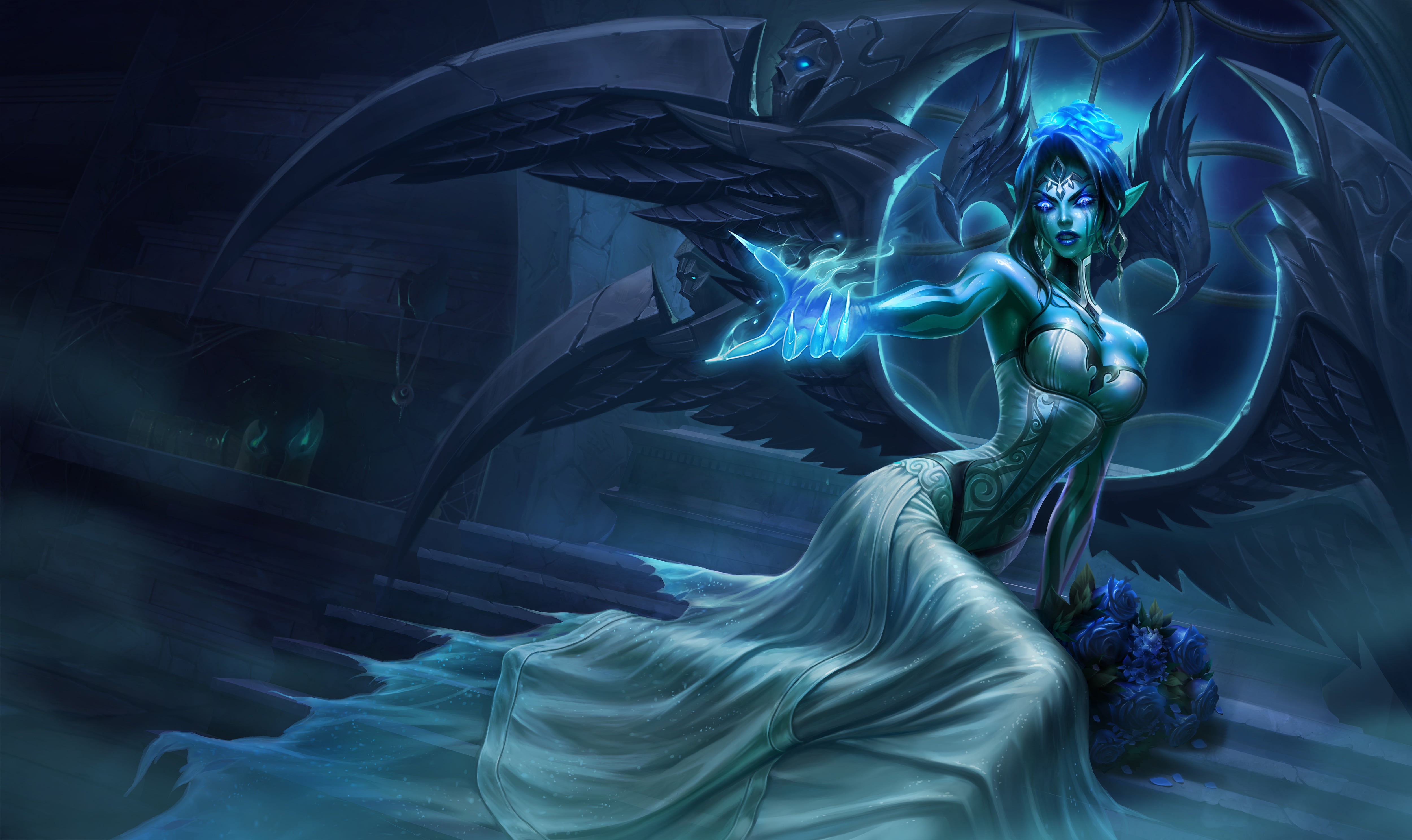 roses, game, digital art, League of Legends, stairs, blue roses, dark angel, fantasy girl, flowers, angel, magic, girl, pointy ears, wings, artwork, fantasy art, HD Wallpaper