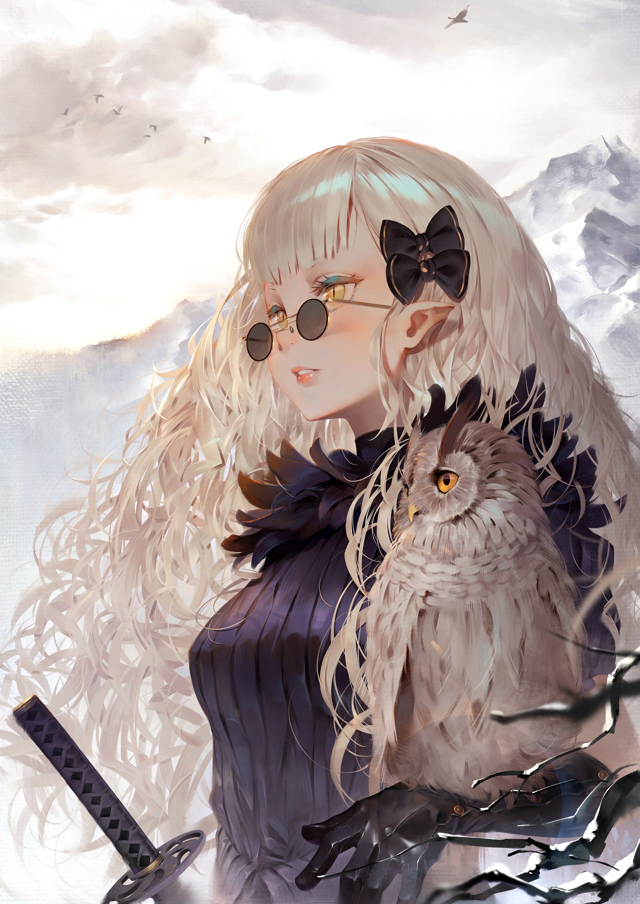 looking into the distance, yellow eyes, sweater, birds, long hair, bangs, original characters, 2K, mountains, glasses, women, hair bows, anime girls, hair ornament, Phone HD Wallpaper