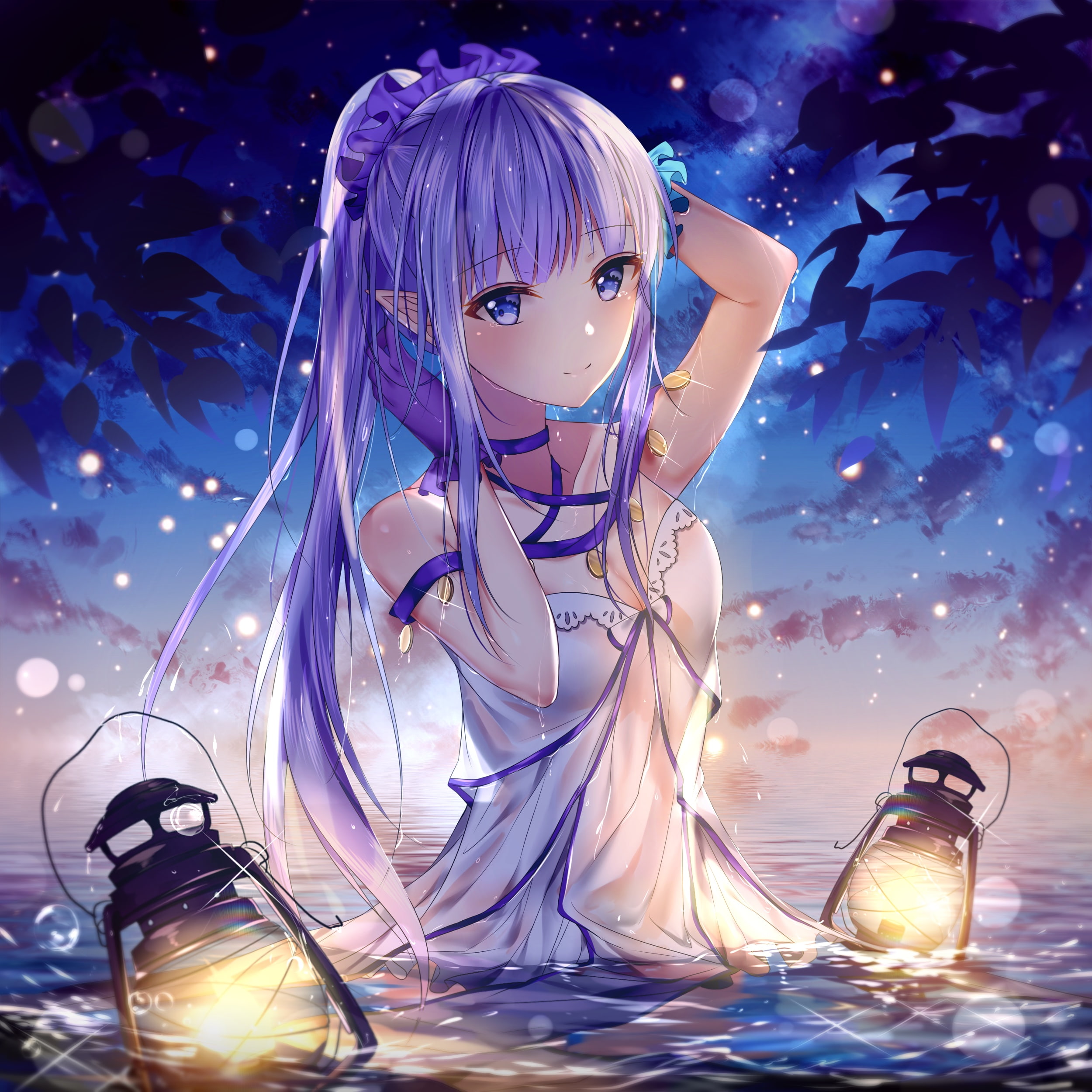 anime girls, lantern, junpaku karen, caster lily, hands in hair, pointy ears, gloves, blushing, FateGrand Order, wet clothing, anime, dress, blue hair, Phone HD Wallpaper