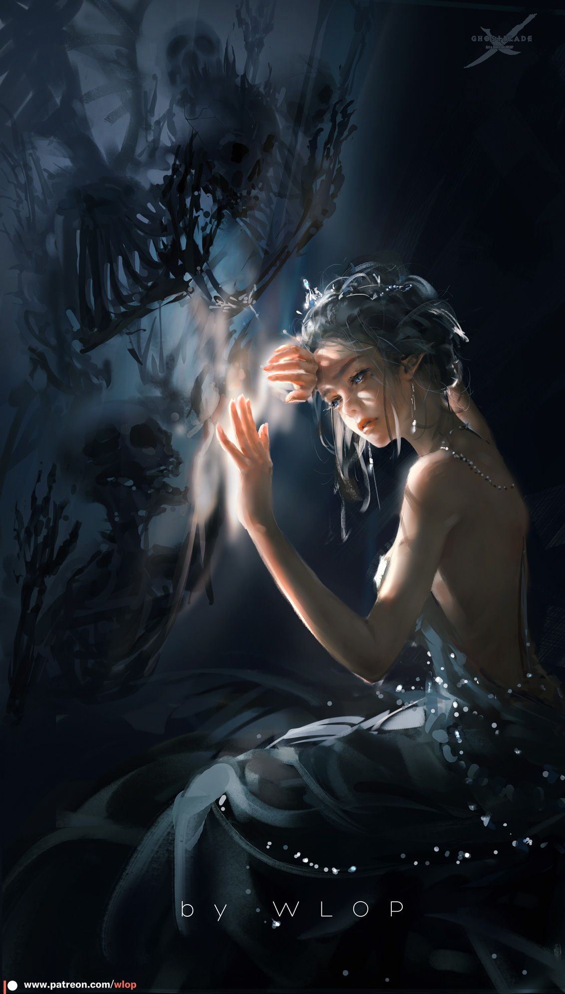 1080P, digital art, necklace, pointy ears, women, elves, dark, artwork, illustration, bare shoulders, blue eyes, fantasy girl, white hair, skeleton, WLOP, Phone HD Wallpaper