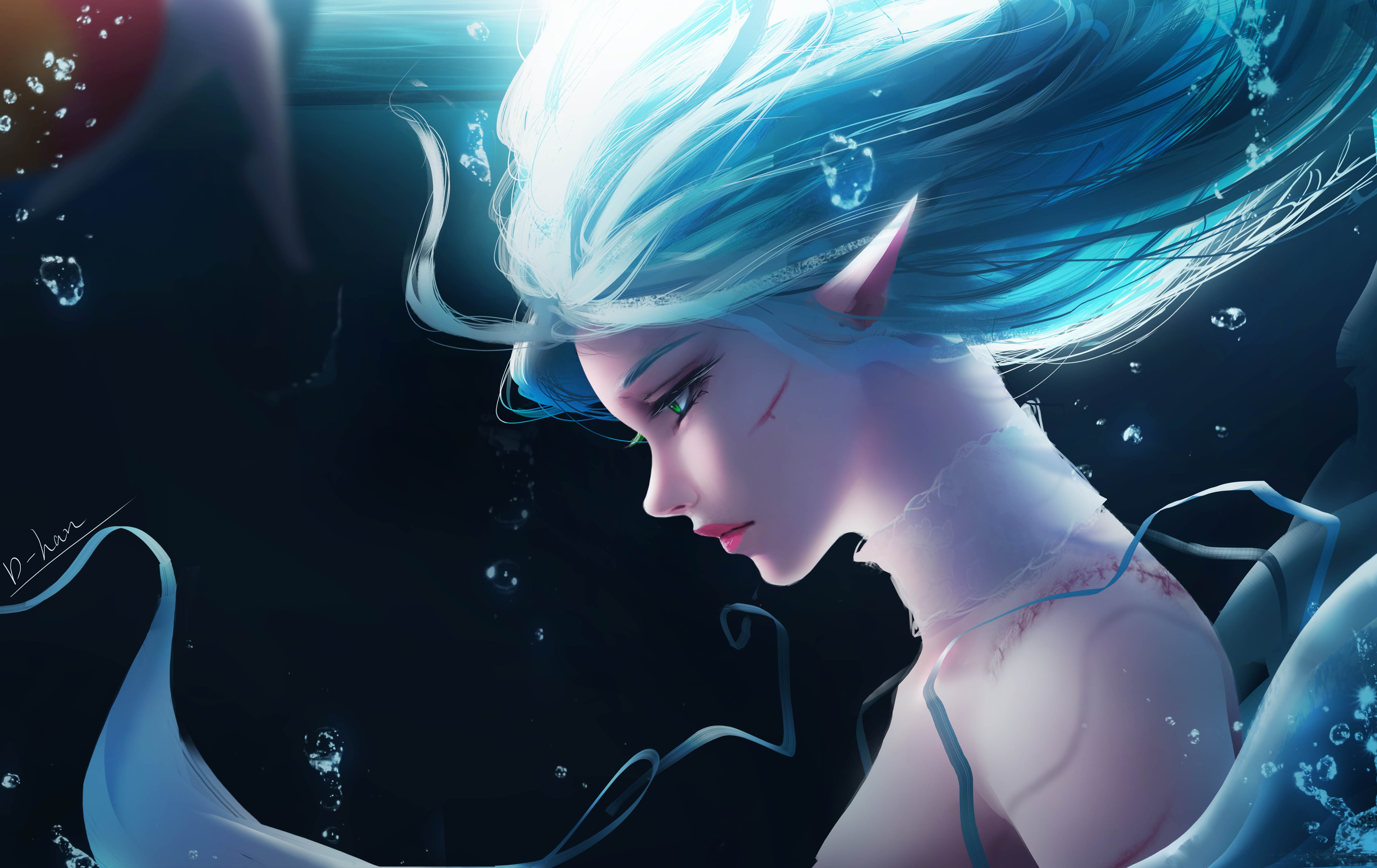 artwork, fantasy, girl, underwater, elf, fantasy art, digital art, 5K, wound, pointy ears, artist, D-han, blue hair, green eyes, scar, bubbles, fantasy, HD Wallpaper