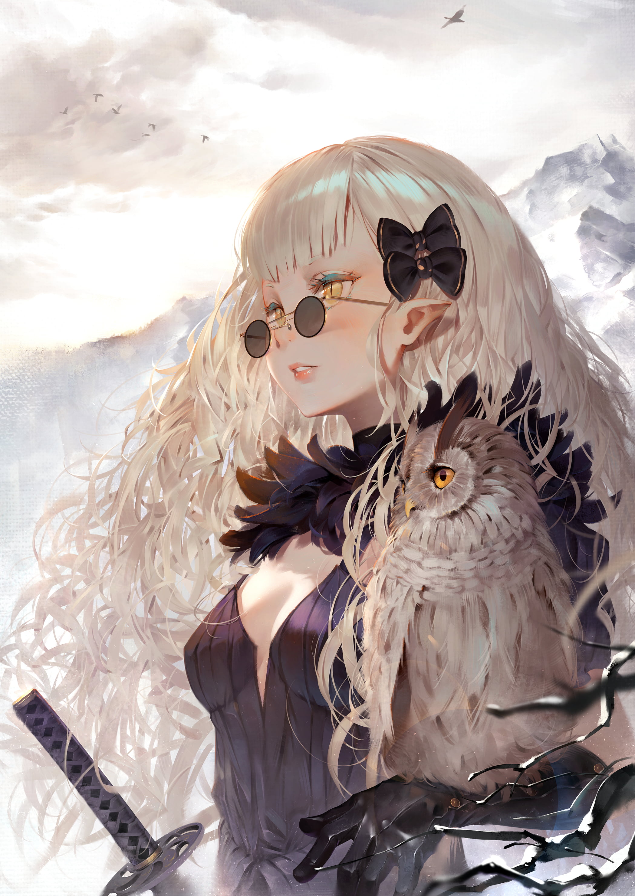 pointy ears, owl, digital art, clouds, anime girls, mountains, hair bows, looking away, 2D, long hair, artwork, women, cleavage, illustration, blushing, Phone HD Wallpaper