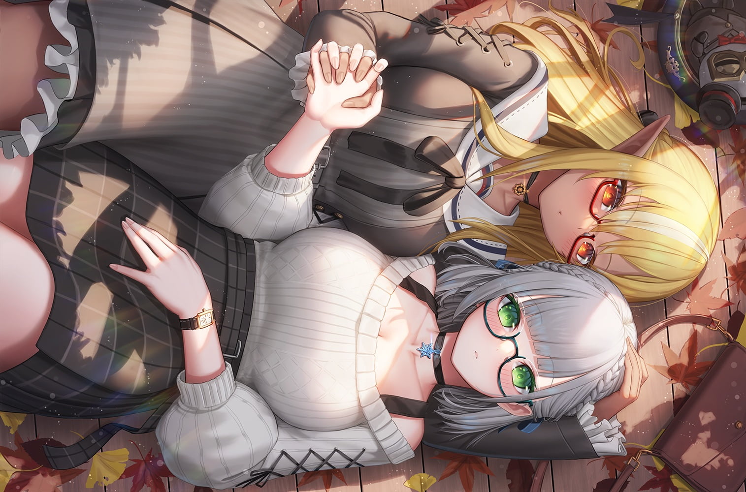 pointy ears, glasses, holding hands, Shiranui Flare, Shirogane Noel, Suraimu, 720P, pointed ears, Virtual Youtuber, anime, two women, green eyes, Hololive, HD Wallpaper