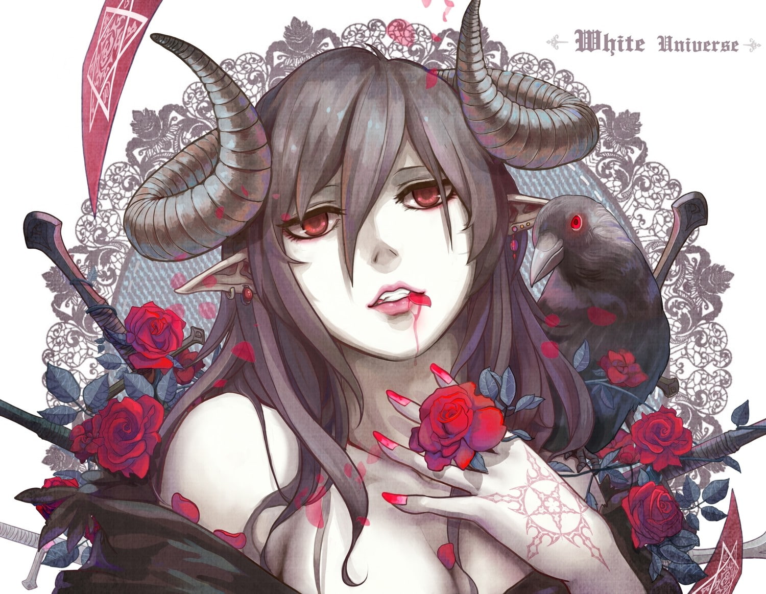 Crow, Anime Girls, anime, horns, Original Characters, 720P, Elven Ears, HD Wallpaper