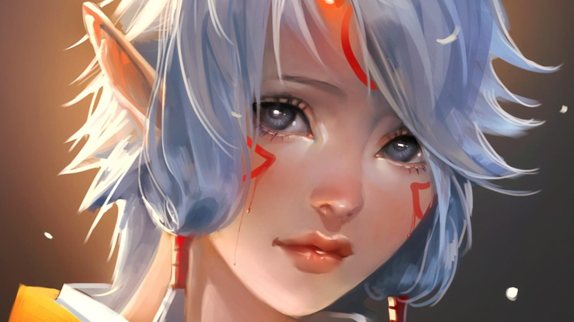 fantasy, war pain, silver hair, wild, young, face, elf, ears, 3d and abstract, 1080P, elven, HD Wallpaper